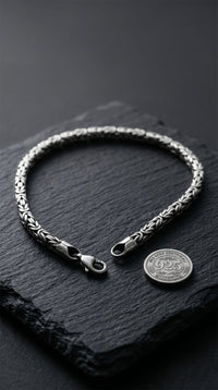 925 Sterling Silver Men's Bracelet - Oxidized Square Cut Byzantine Chain
