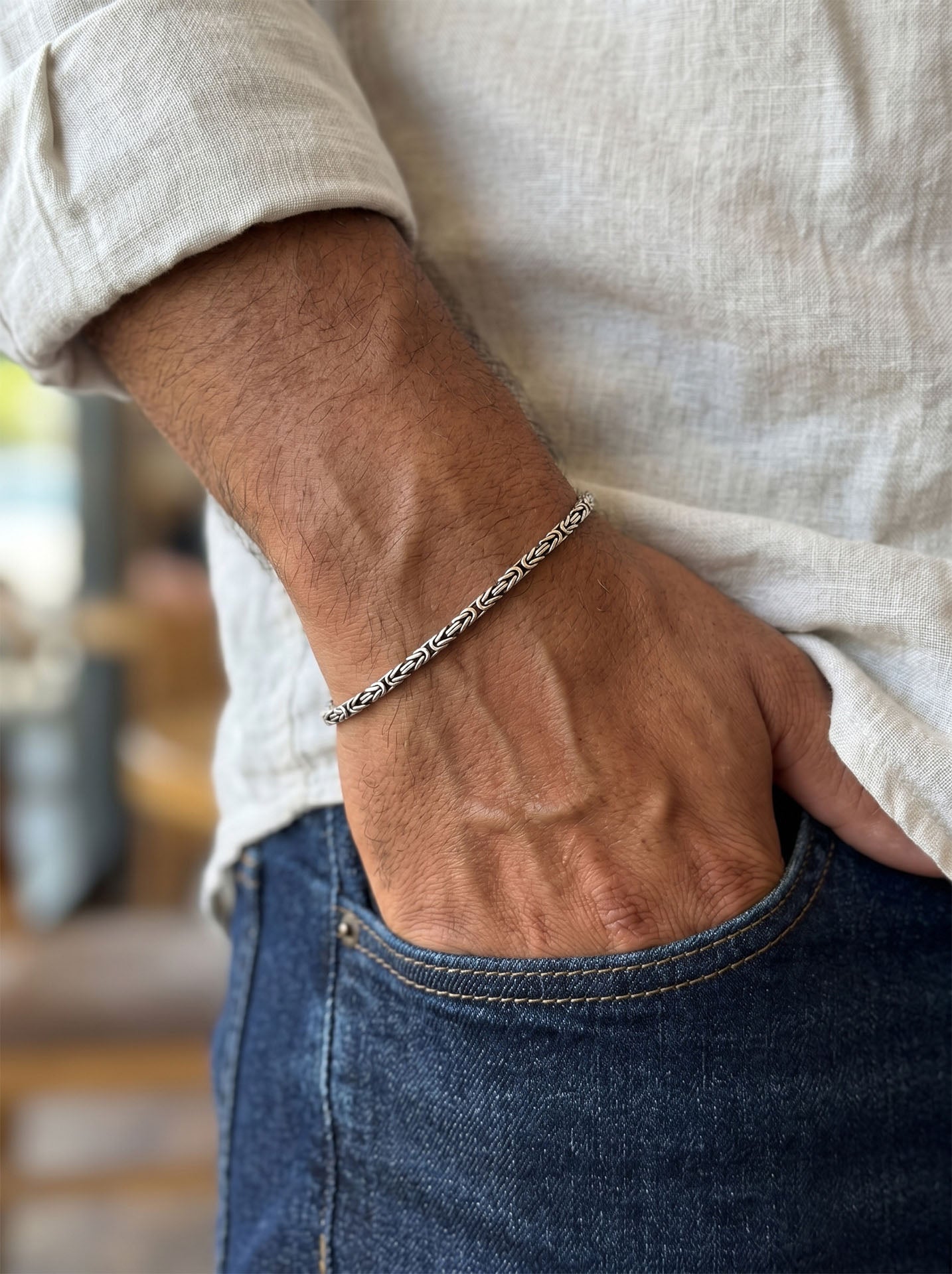 925 Sterling Silver Men's Bracelet - Oxidized Square Cut Byzantine Chain