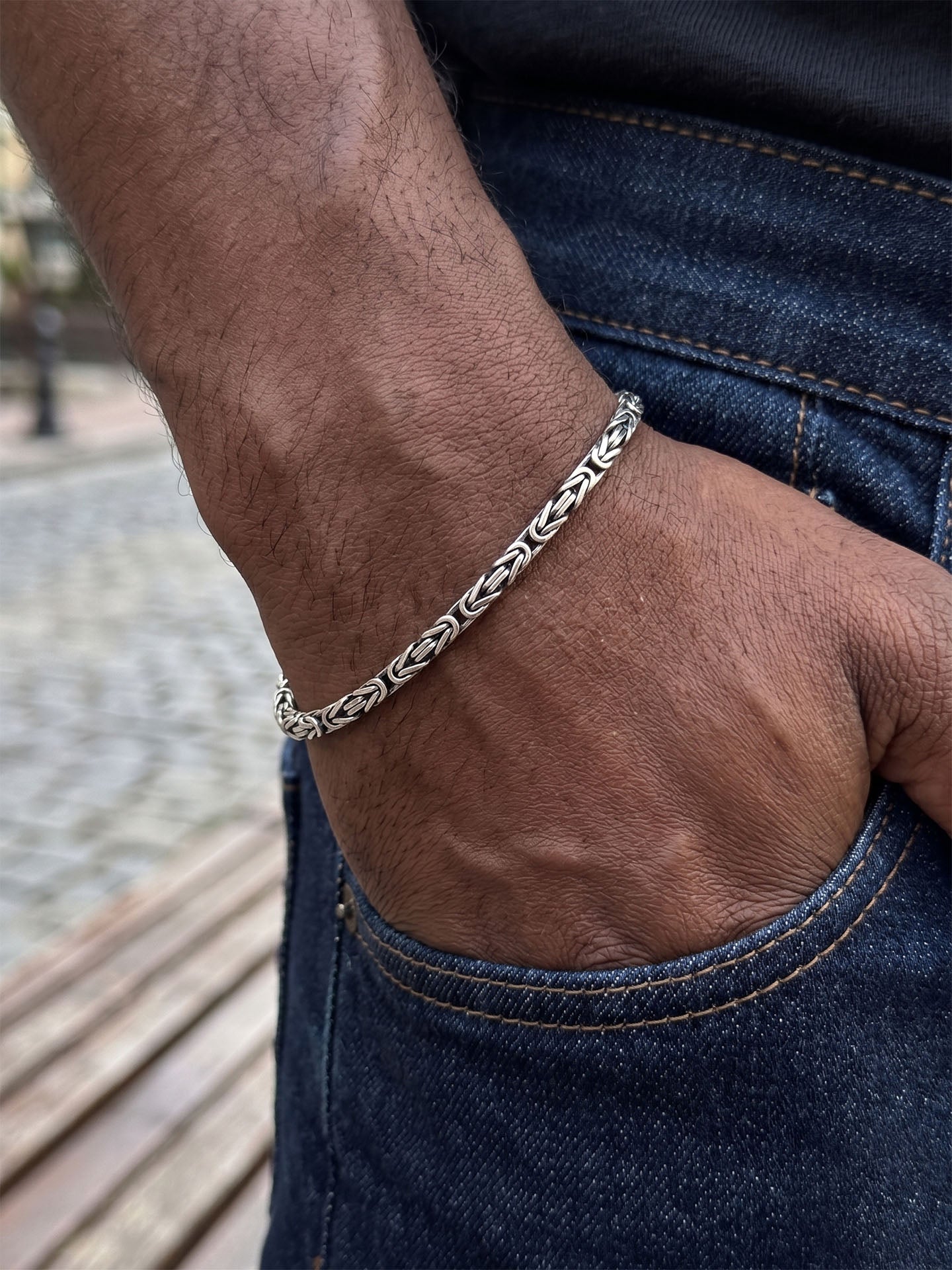 925 Sterling Silver Men's Bracelet - Oxidized Square Cut Byzantine Chain
