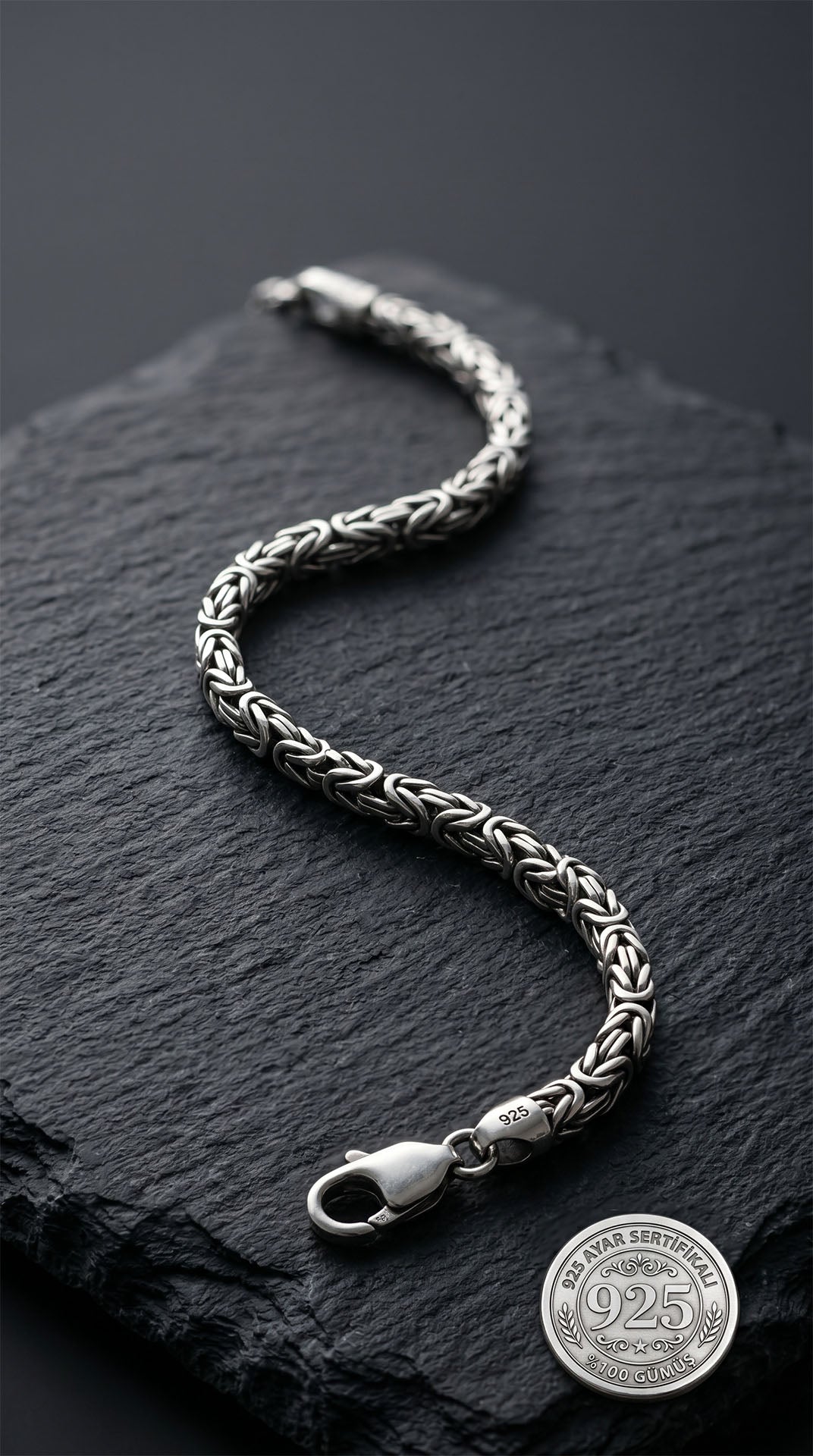 925 Sterling Silver Men's Bracelet - Oxidized Square Cut Byzantine Chain