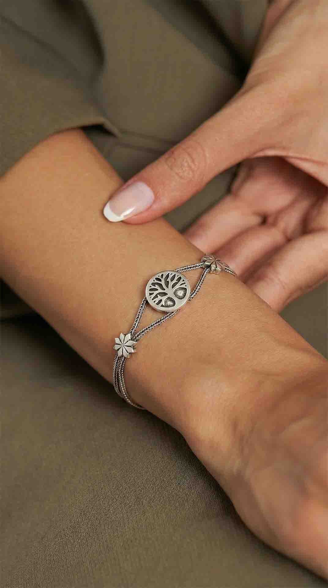 Oxidized Filigree Braided Chain Tree of Life Design Bracelet Silver