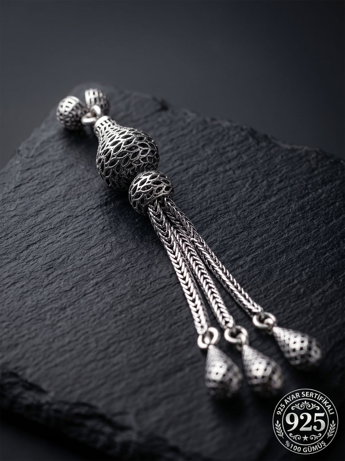 Pear Shaped Triple Chain Misbaha Tassel in 925 sterling silver