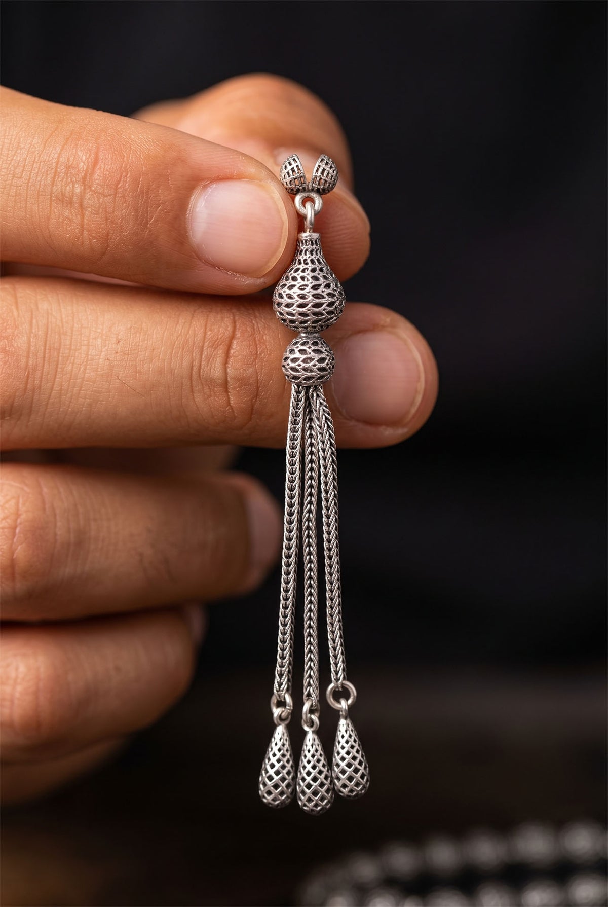 Pear Shaped Triple Chain Misbaha Tassel in 925 sterling silver - view 2
