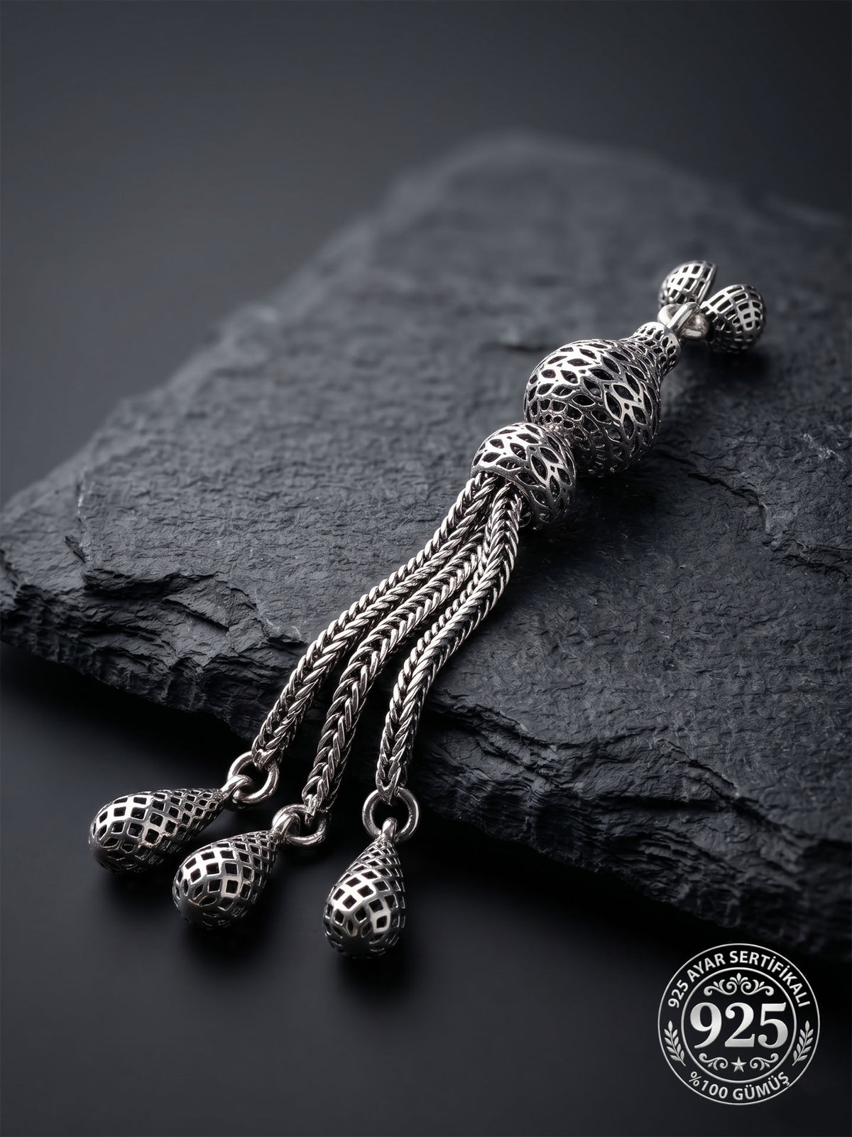 Pear Shaped Triple Chain Misbaha Tassel in 925 sterling silver - view 3