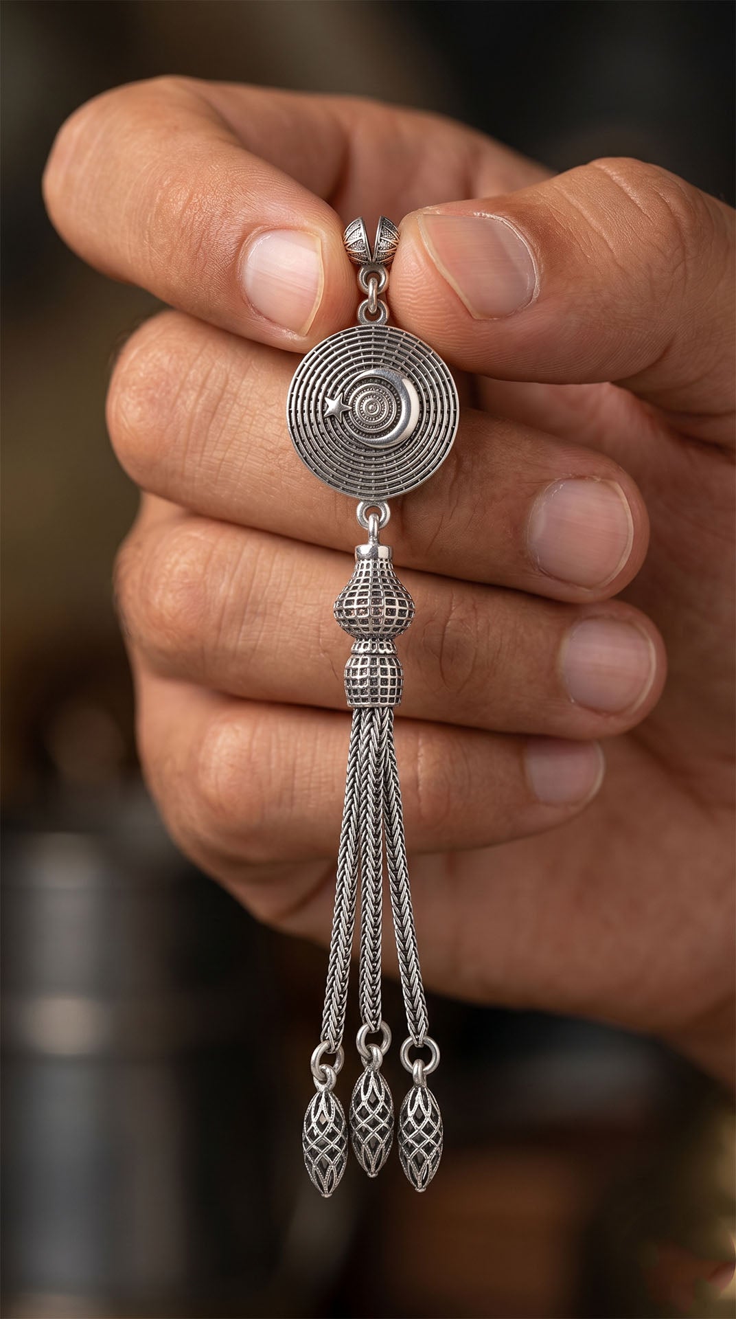 Star and Crescent Triple Chain Tassel in 925 sterling silver - view 2