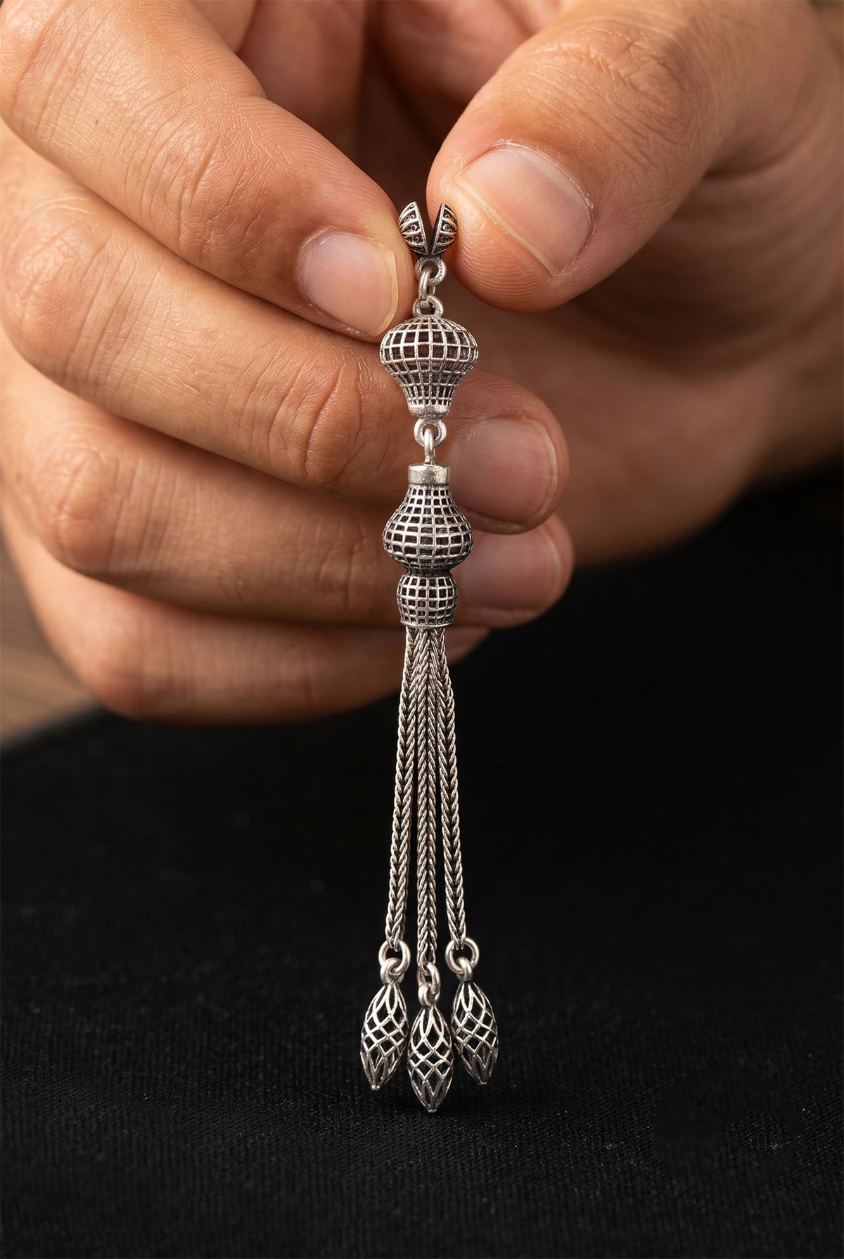 Balloon Cage Triple Chain Misbaha Tassel in 925 sterling silver - view 3