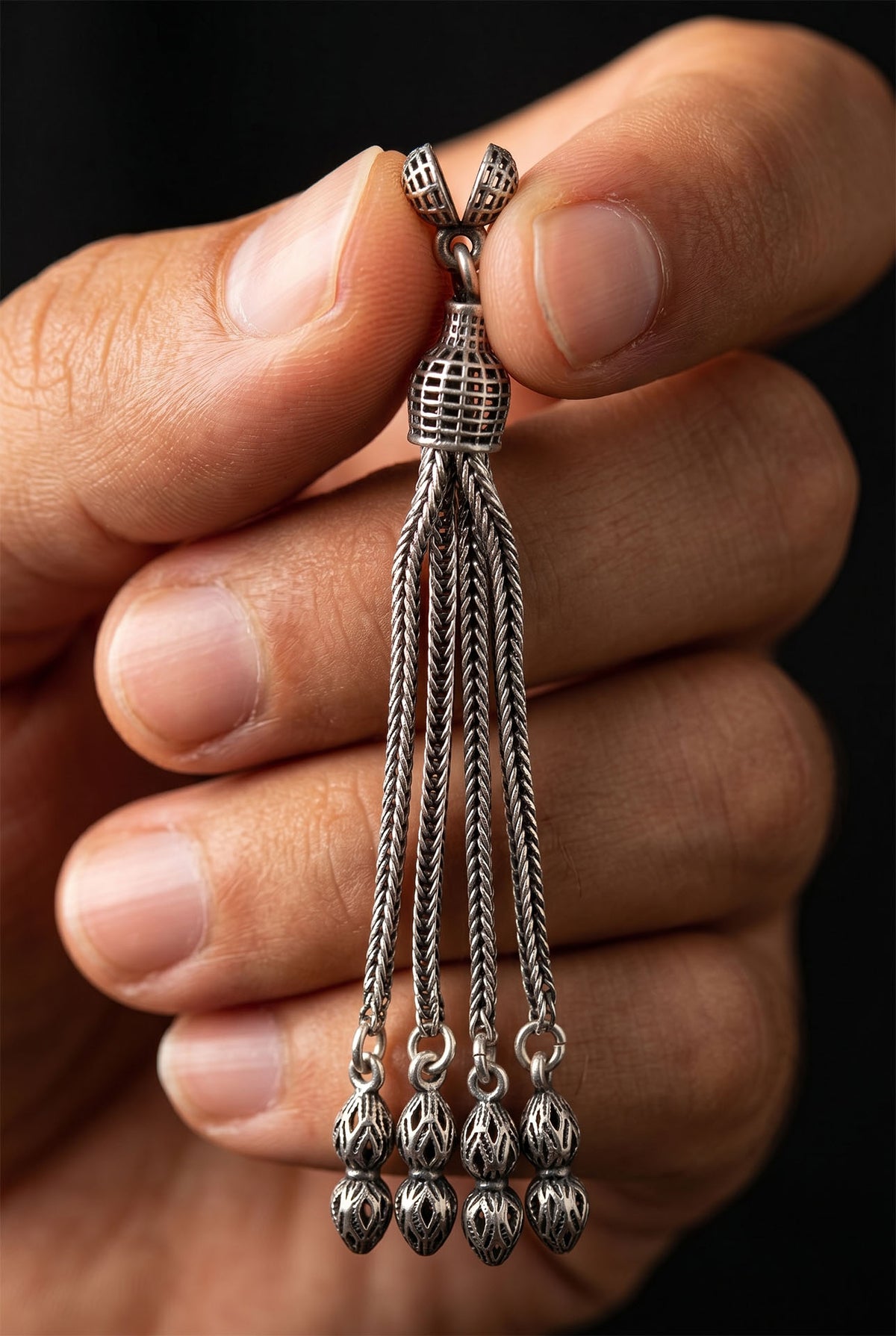 Knotted Tip Quad Chain Misbaha Tassel in 925 sterling silver - view 2