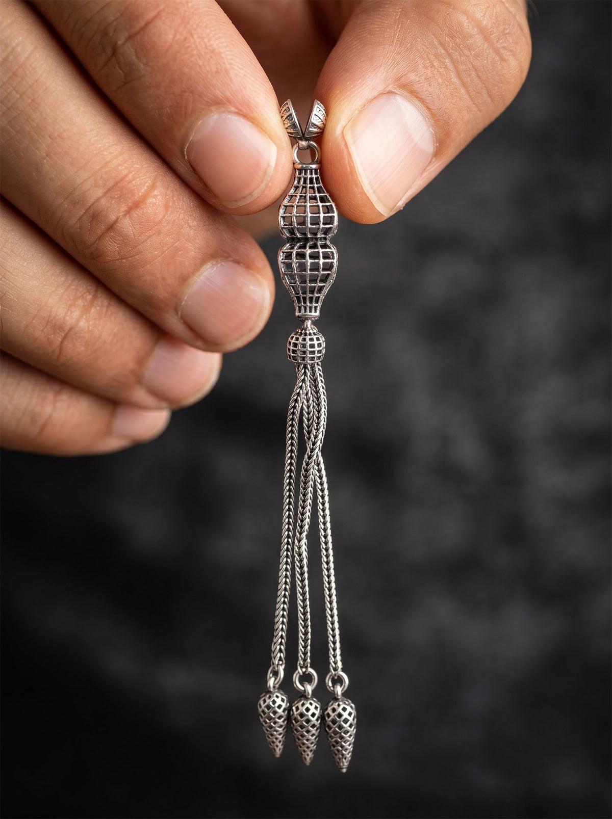 Knotted Cage Triple Chain Misbaha Tassel | 925 Silver