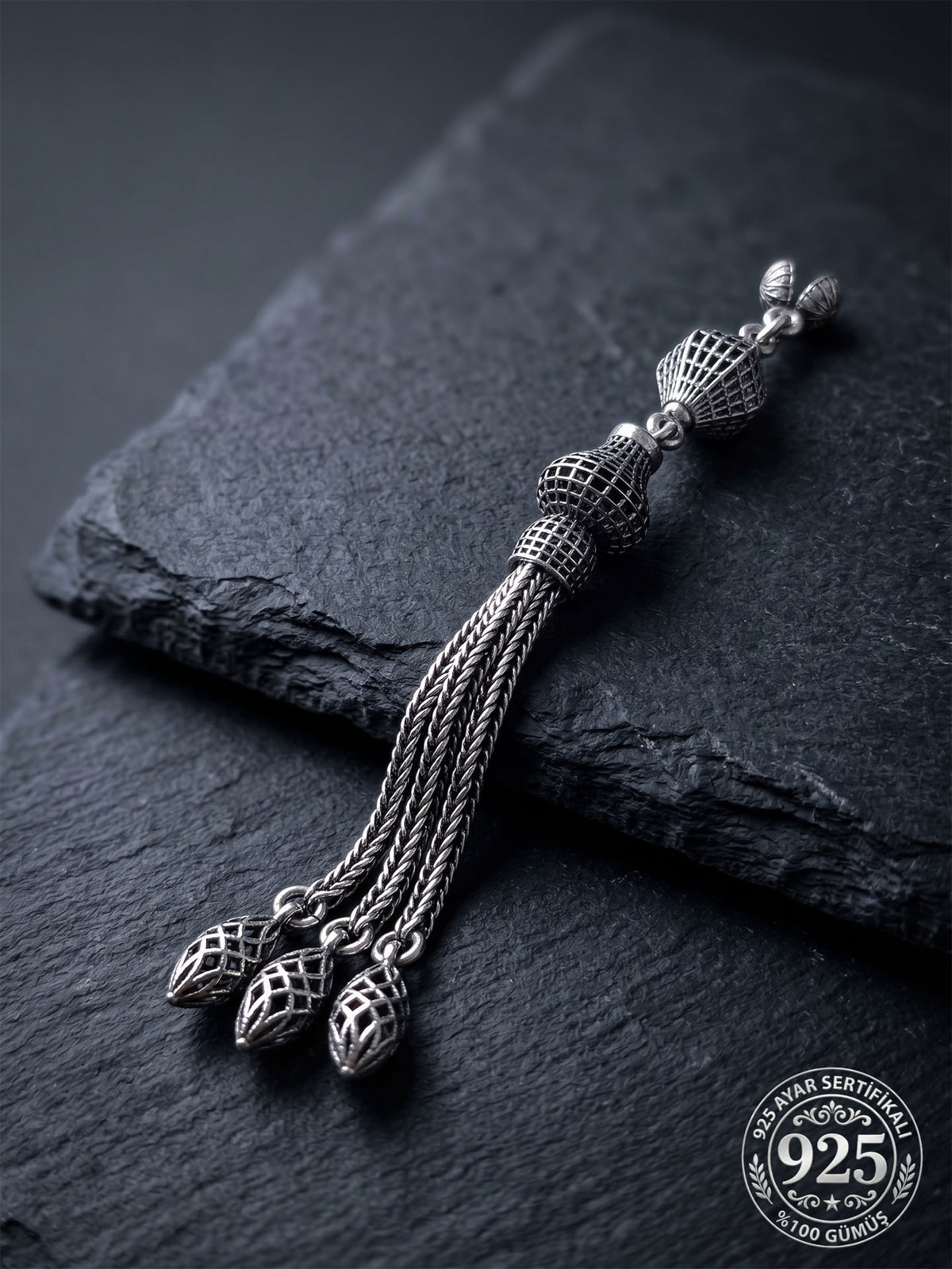 Lantern Lamp Triple Chain Misbaha Tassel in 925 sterling silver