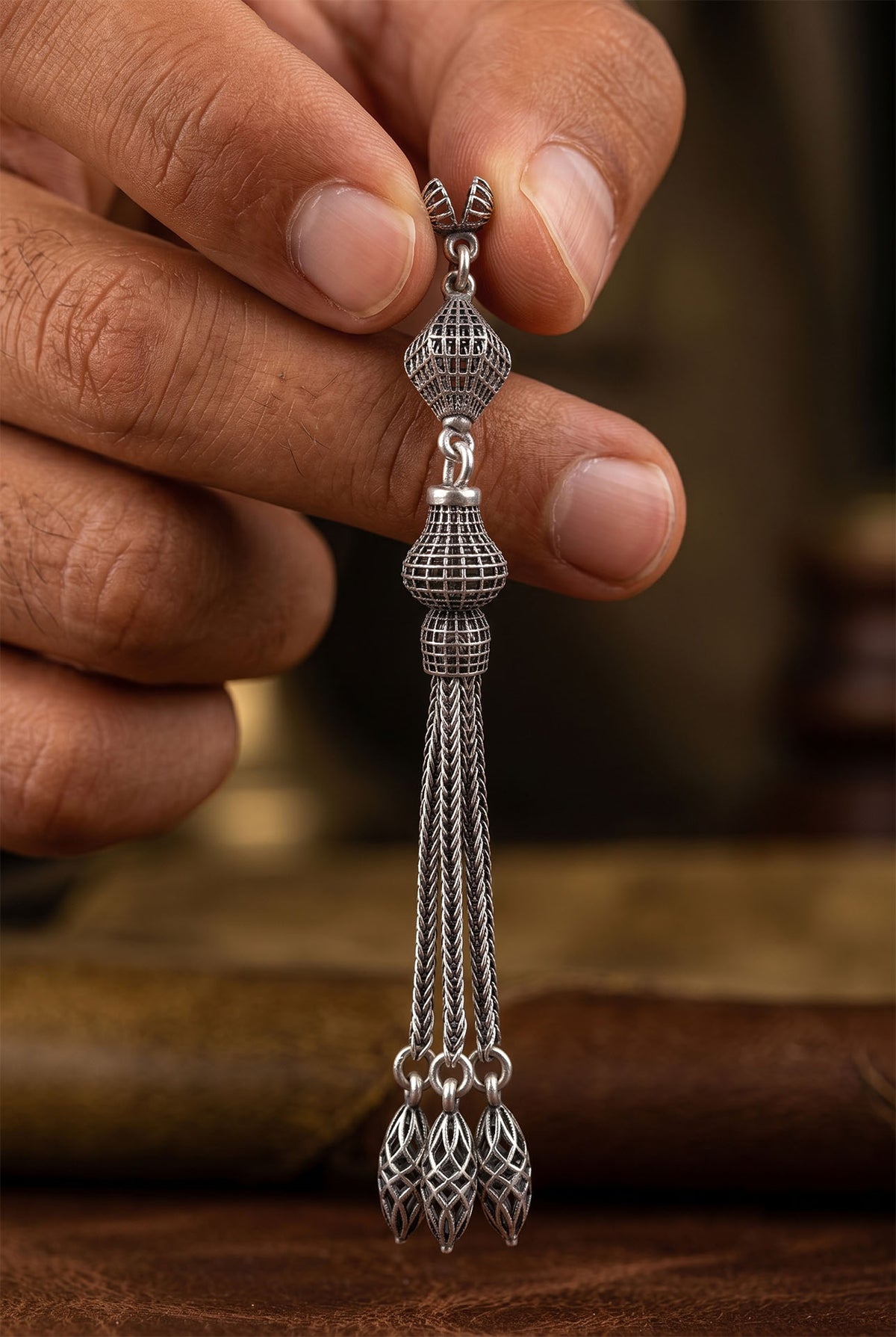 Lantern Lamp Triple Chain Misbaha Tassel in 925 sterling silver - view 2