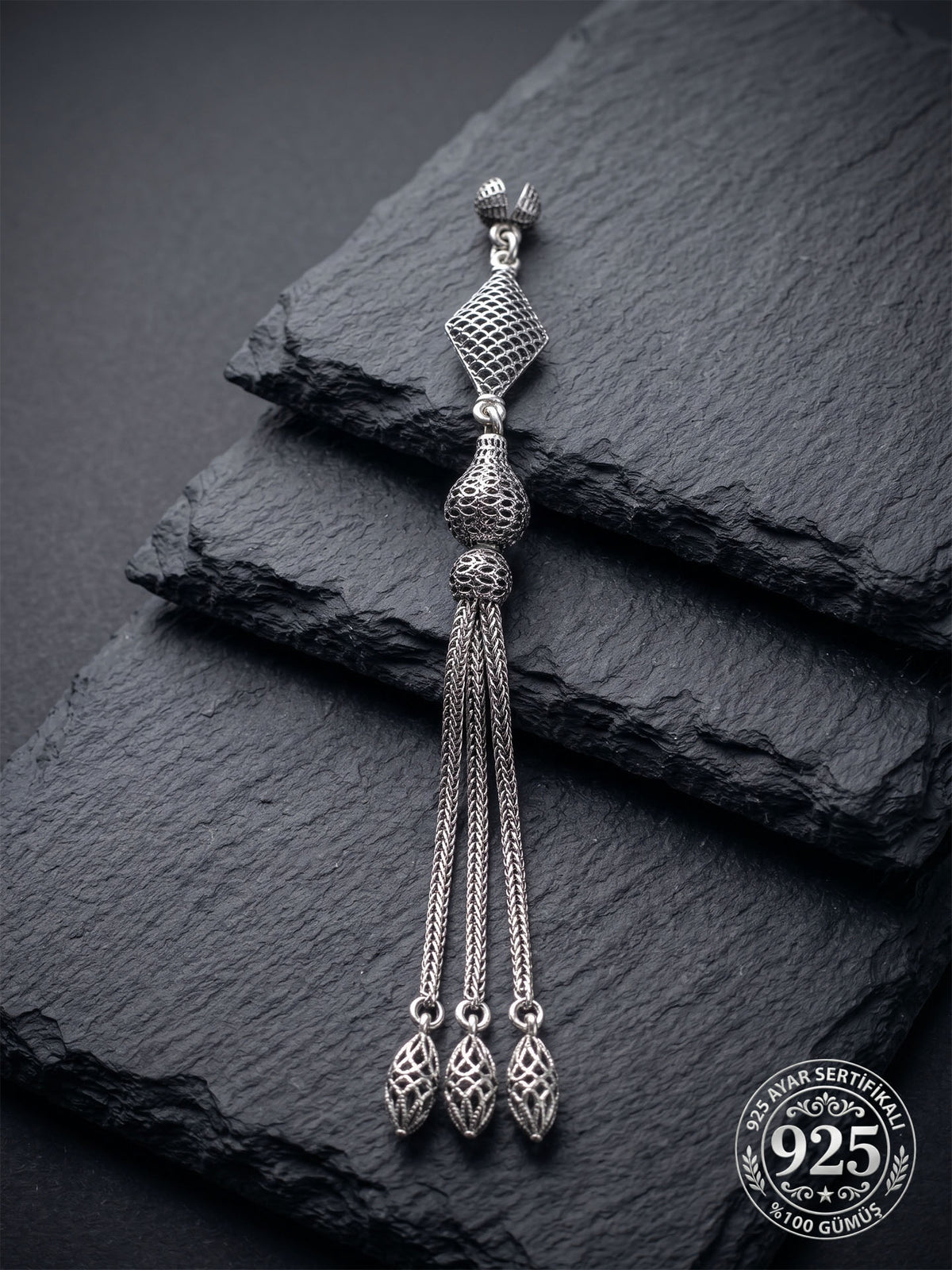 Diamant-Käfig Dreifach-Ketten-Misbaha-Quaste aus 925er Sterlingsilber