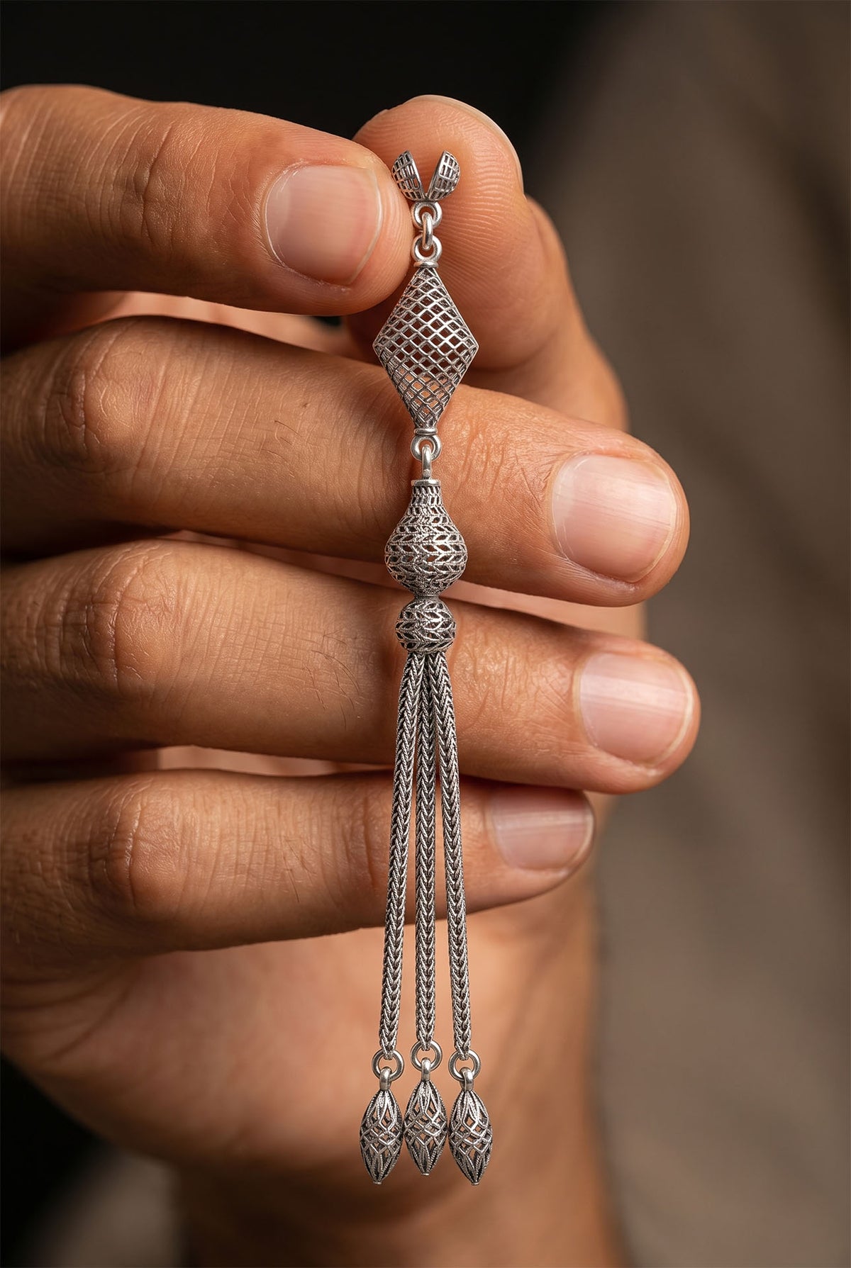 Diamond Cage Triple Chain Misbaha Tassel in 925 sterling silver - view 2