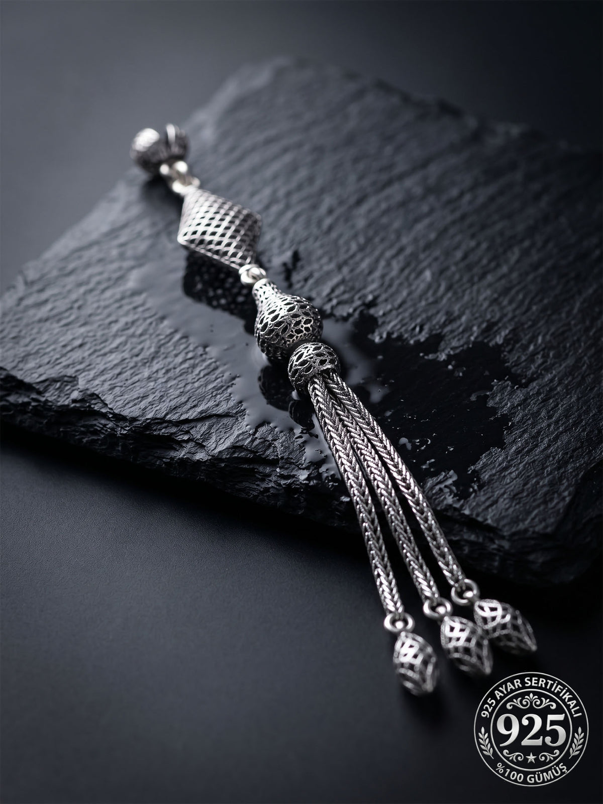 Diamond Cage Triple Chain Misbaha Tassel in 925 sterling silver - view 3