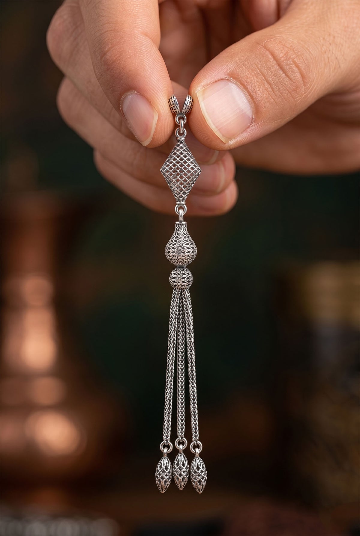 Diamond Cage Triple Chain Misbaha Tassel in 925 sterling silver - view 4