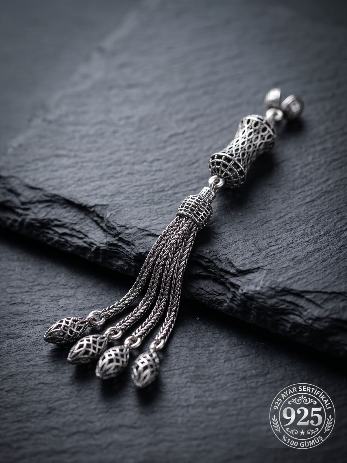 Hourglass Mihrab Quad Chain Misbaha Tassel in 925 sterling silver
