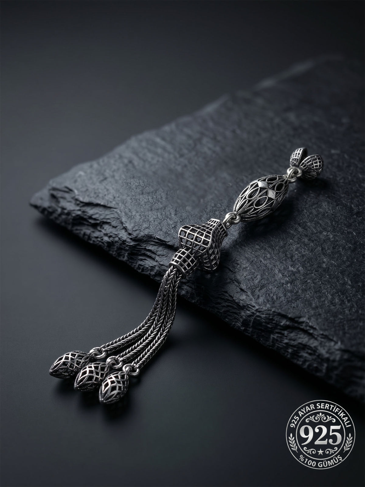 Marquise Cage Triple Chain Misbaha Tassel in 925 sterling silver