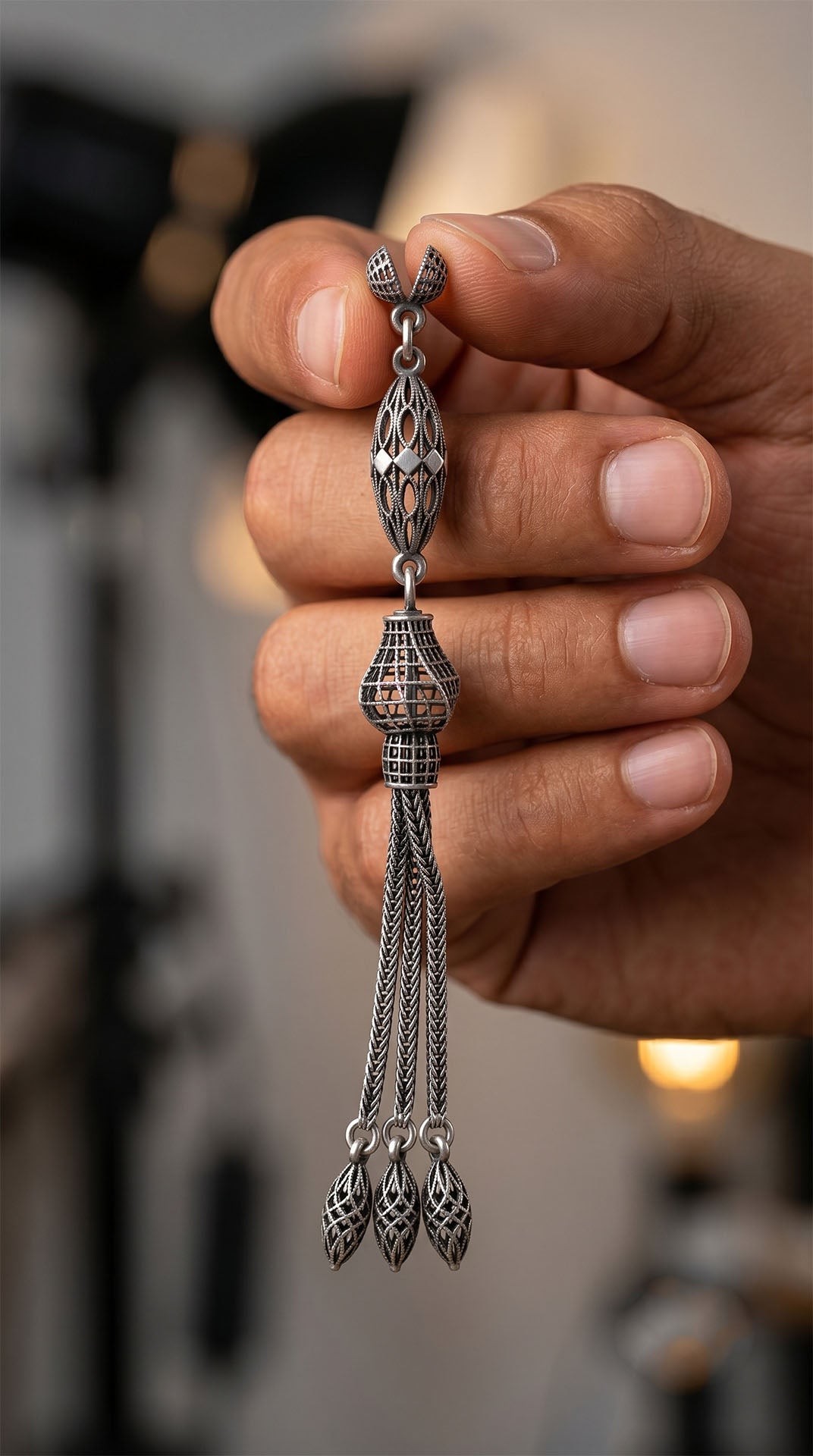 Marquise Cage Triple Chain Misbaha Tassel in 925 sterling silver - view 2