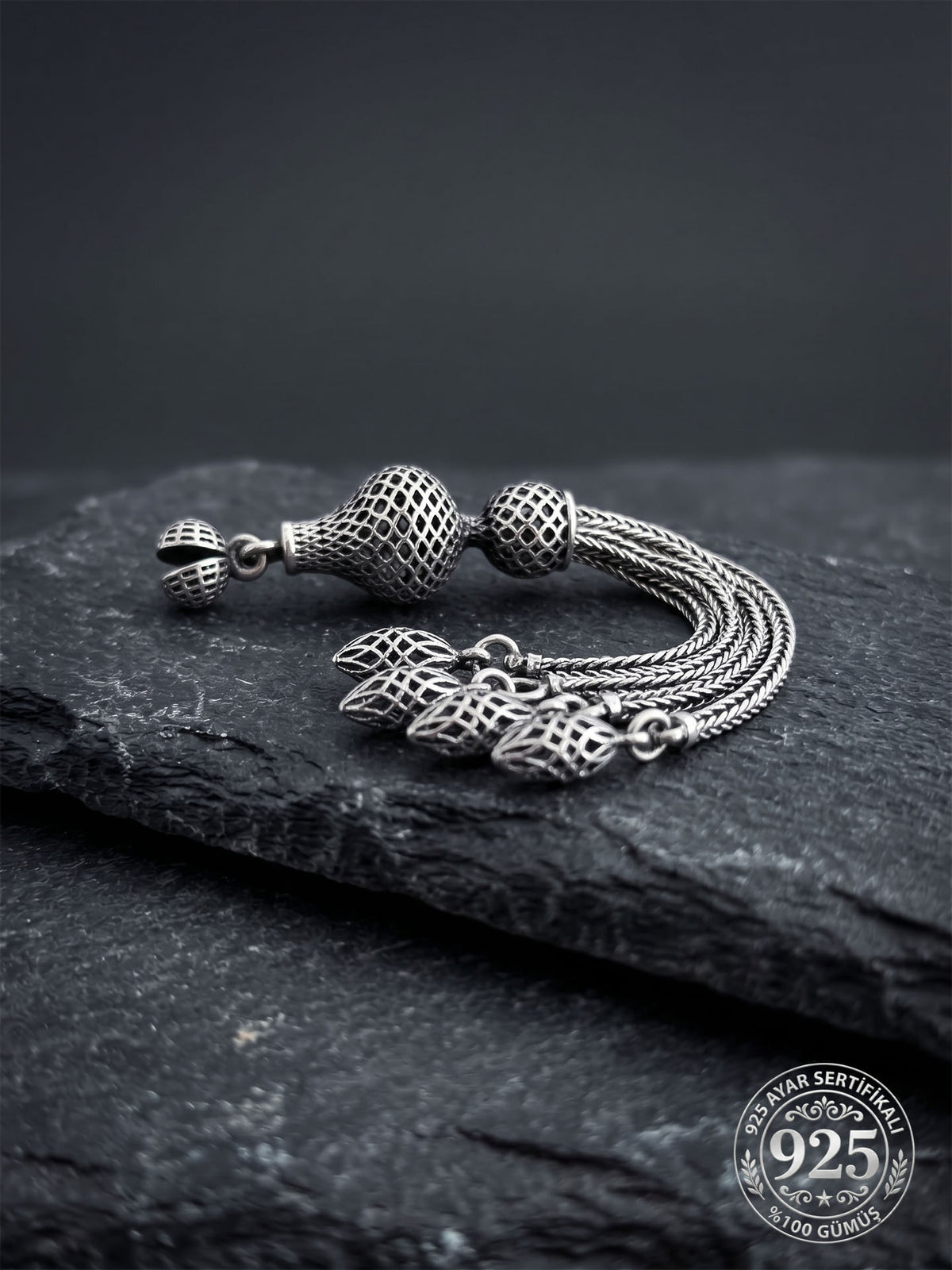 Honeycomb Dome Quad Chain Misbaha Tassel in 925 sterling silver