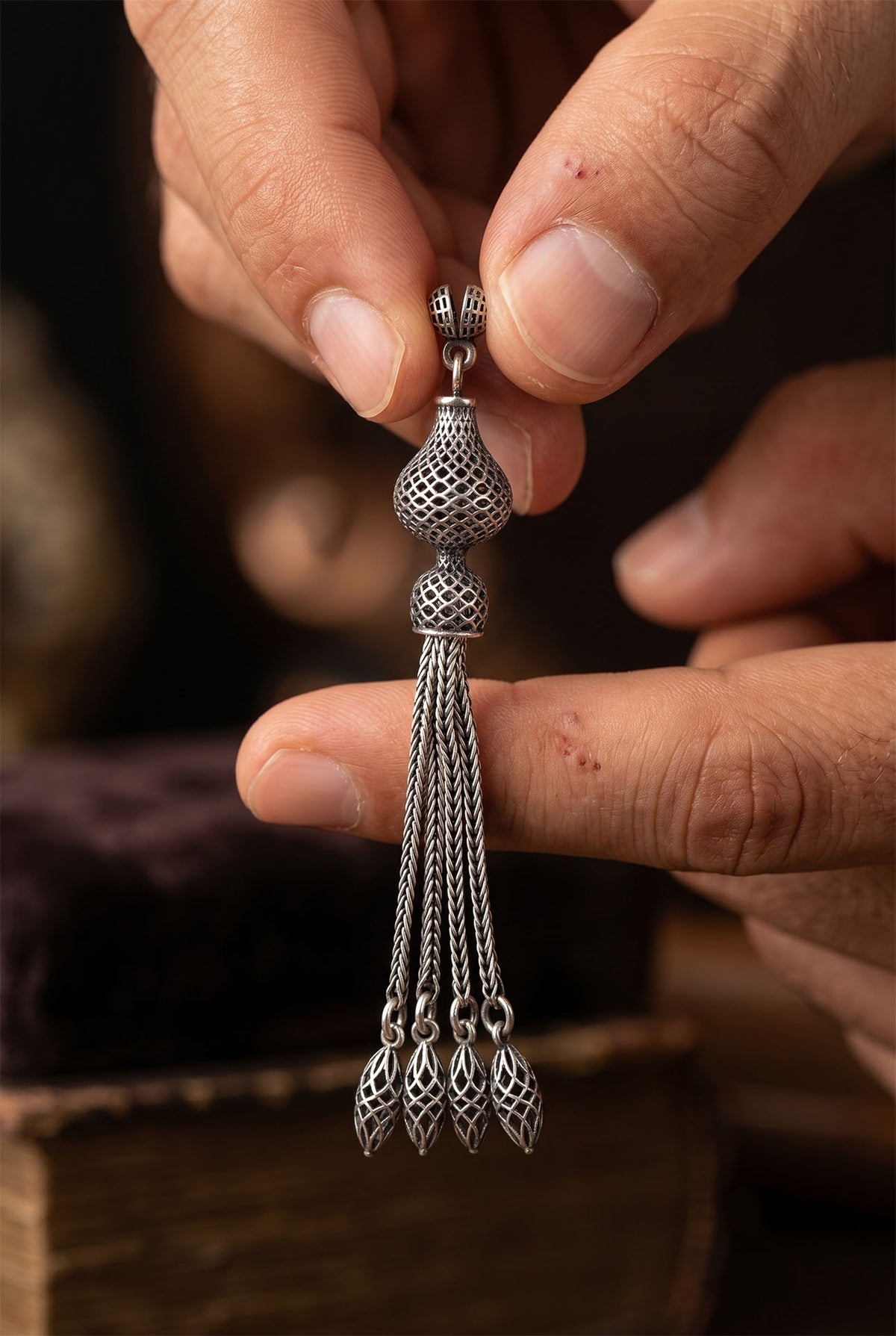 Honeycomb Dome Quad Chain Misbaha Tassel in 925 sterling silver - view 2