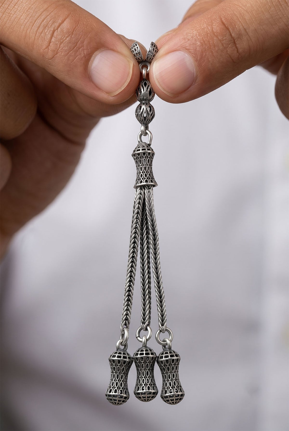 Vase Shaped Triple Chain Misbaha Tassel in 925 sterling silver - view 2