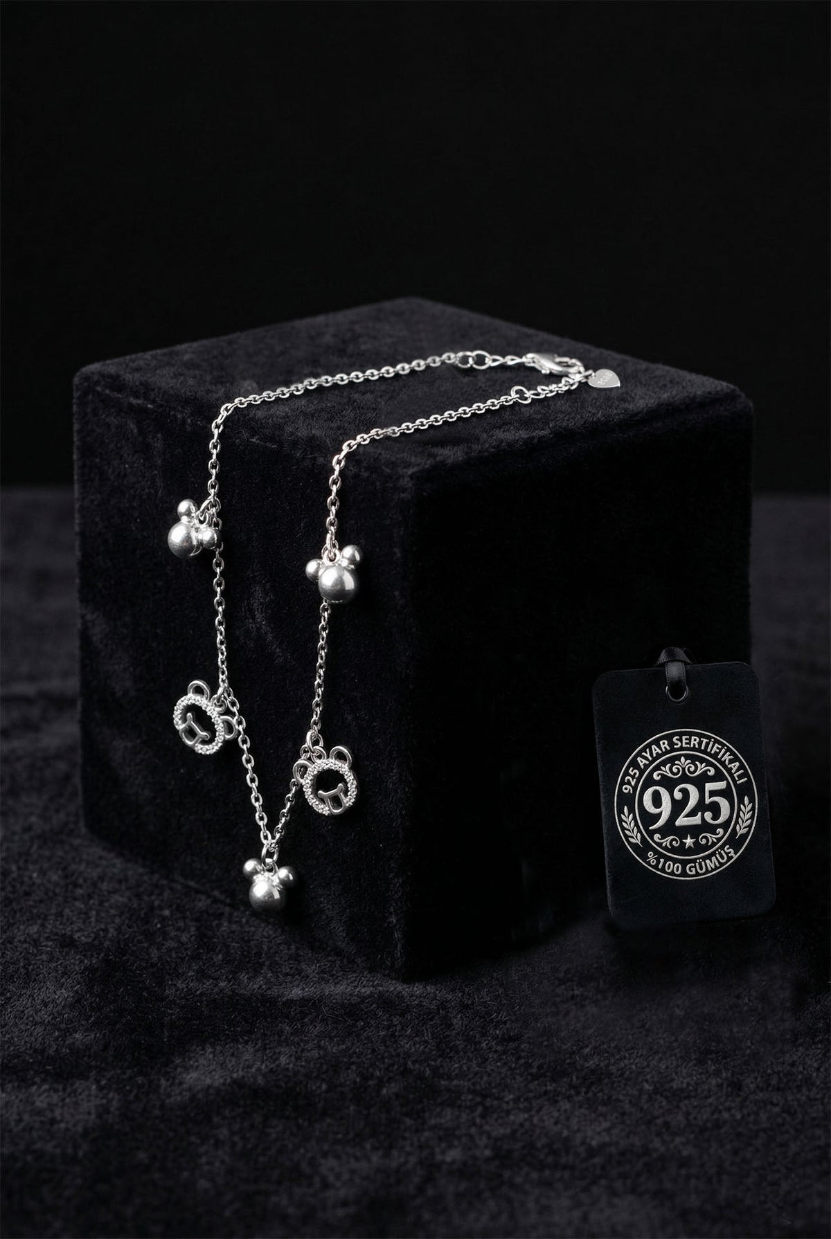 Rhodium Plated Teddy Bear Charm Zircon Bracelet in 925 sterling silver