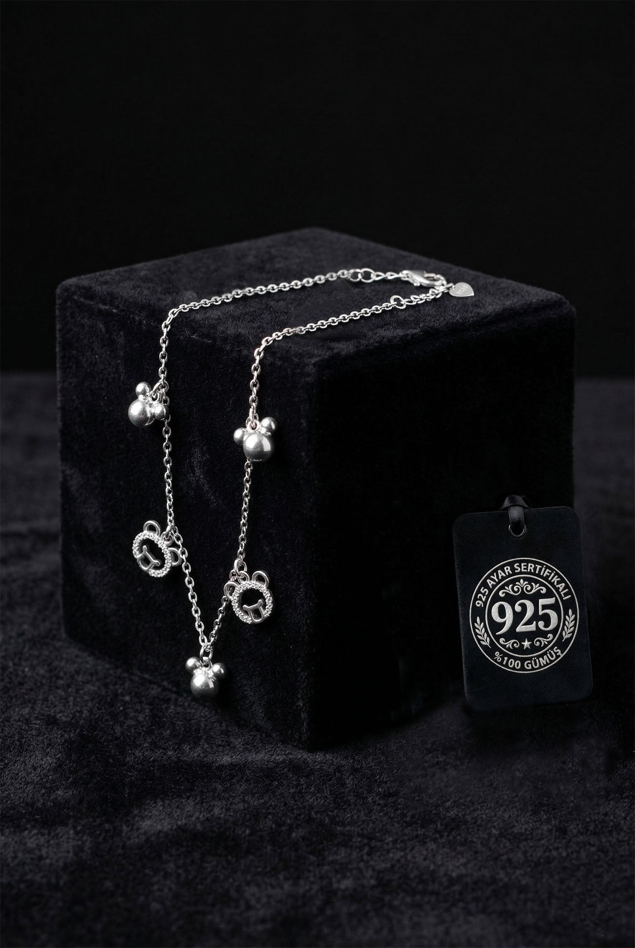 Teddy Bear Charm CZ Bracelet Rhodium Plated Silver