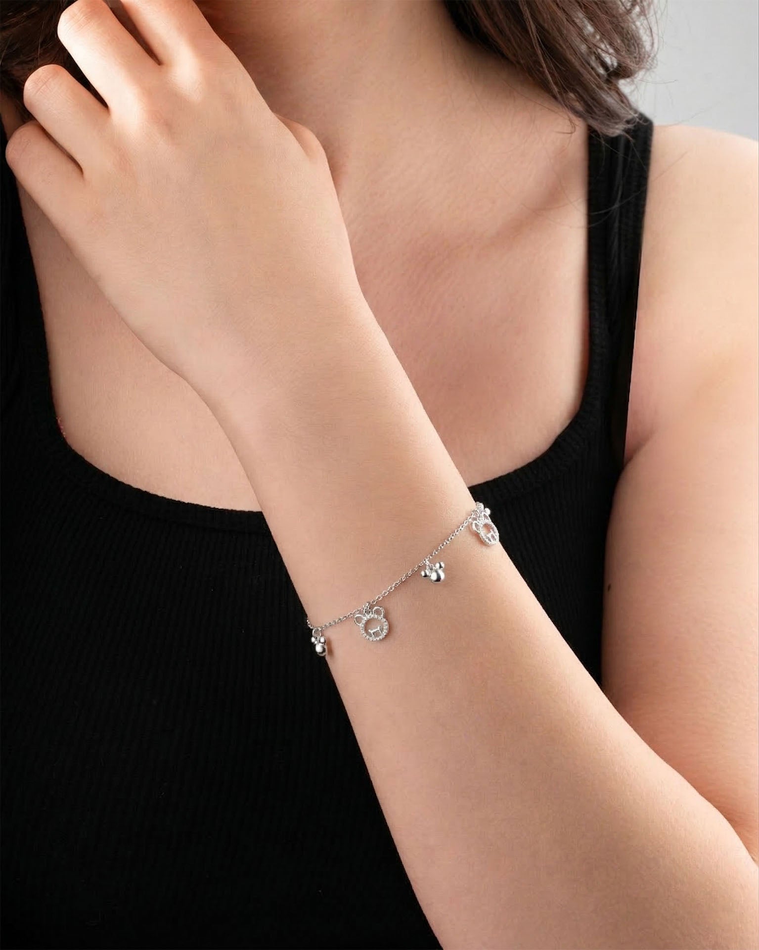 Teddy Bear Charm CZ Bracelet Rhodium Plated Silver