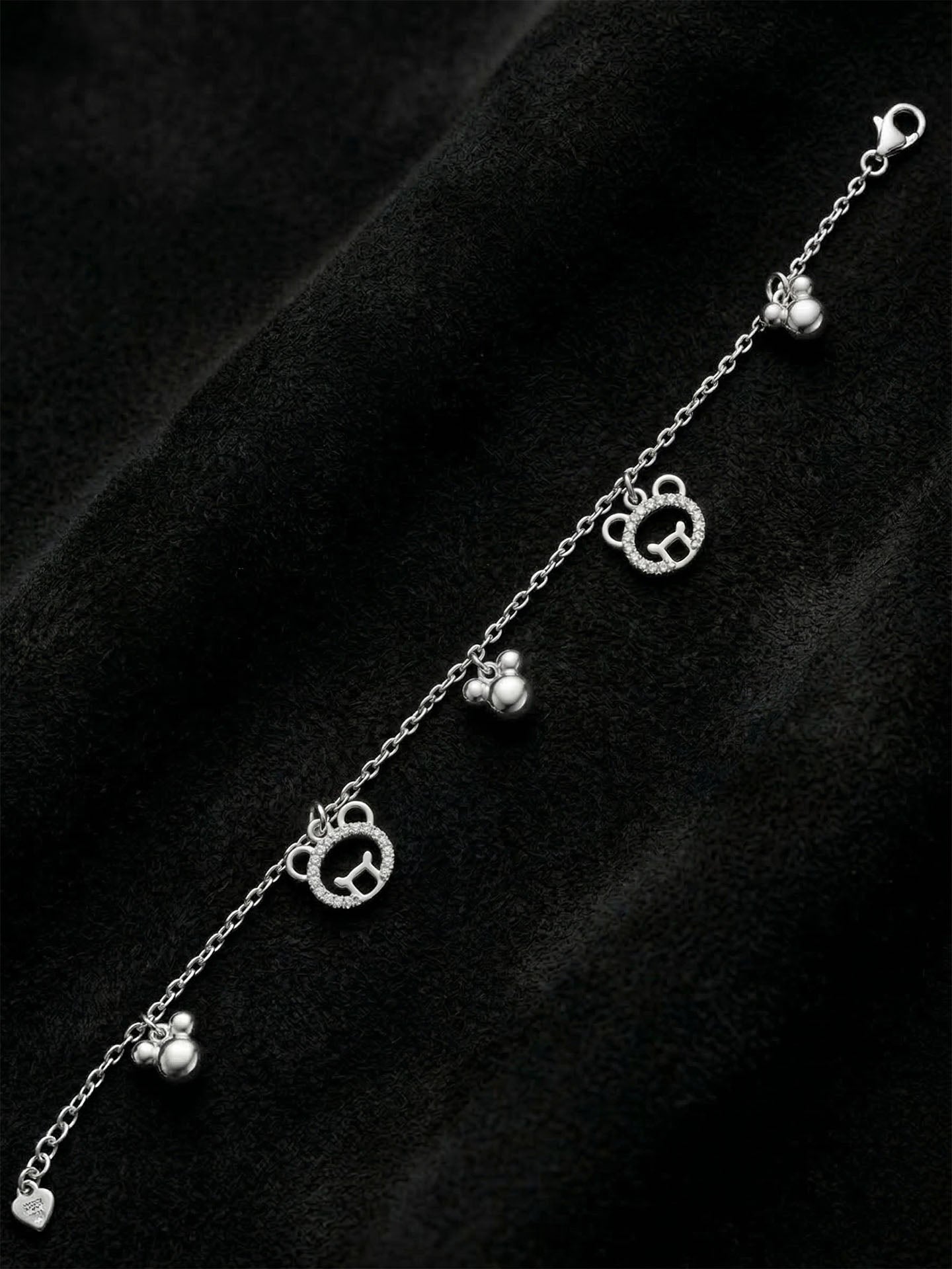 Teddy Bear Charm CZ Bracelet Rhodium Plated Silver