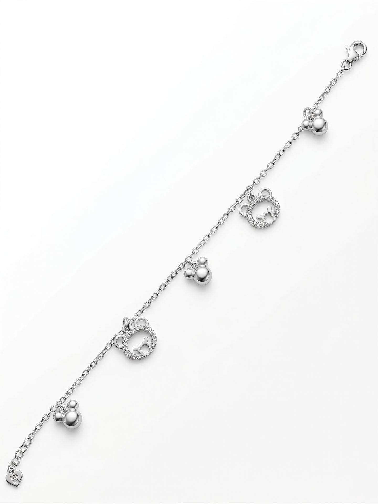 Teddy Bear Charm CZ Bracelet Rhodium Plated Silver