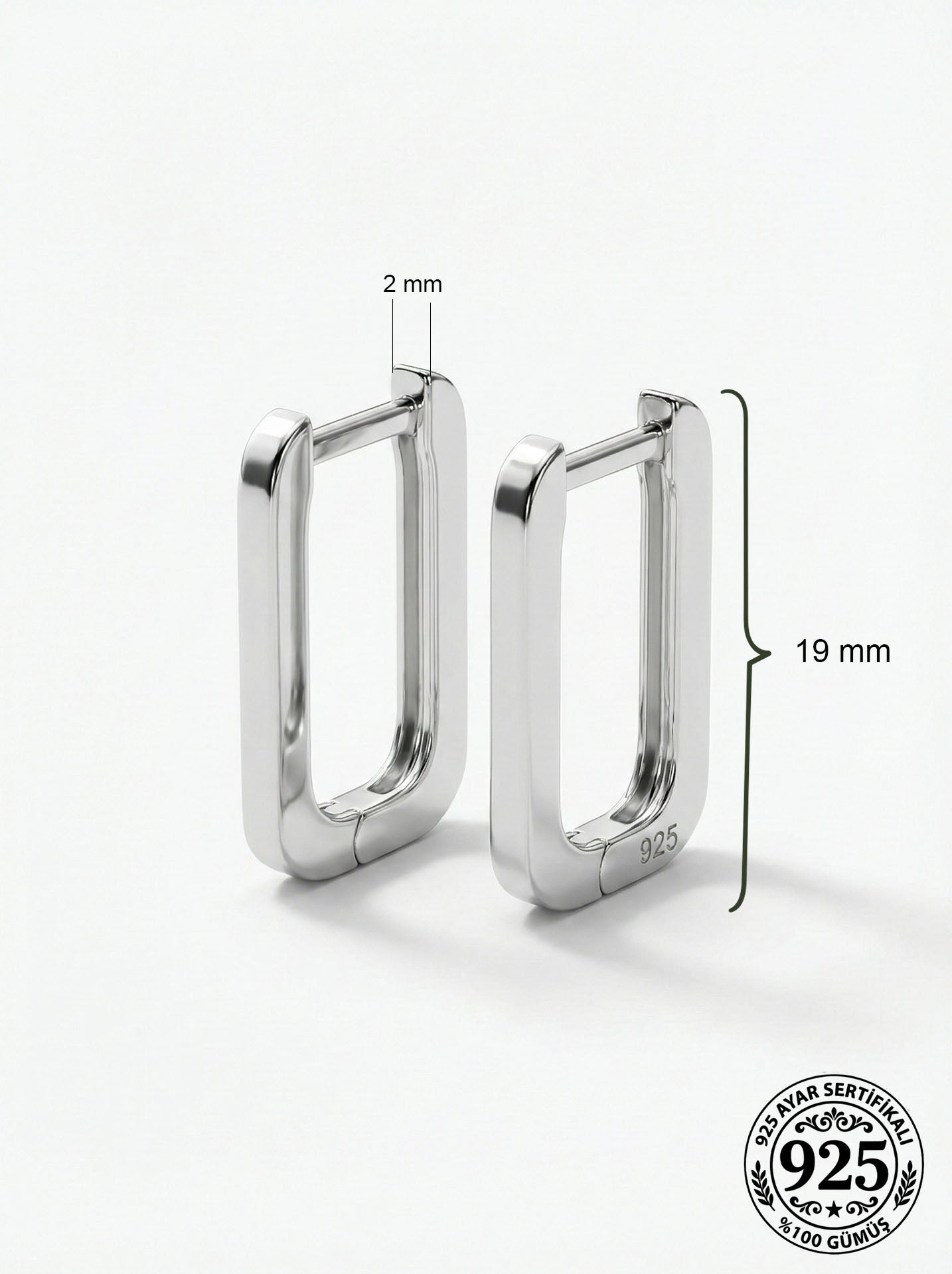 925 Sterling Silver Rhodium Plated Rectangular Huggie Hoop Earrings - Large Size (2mm Width)