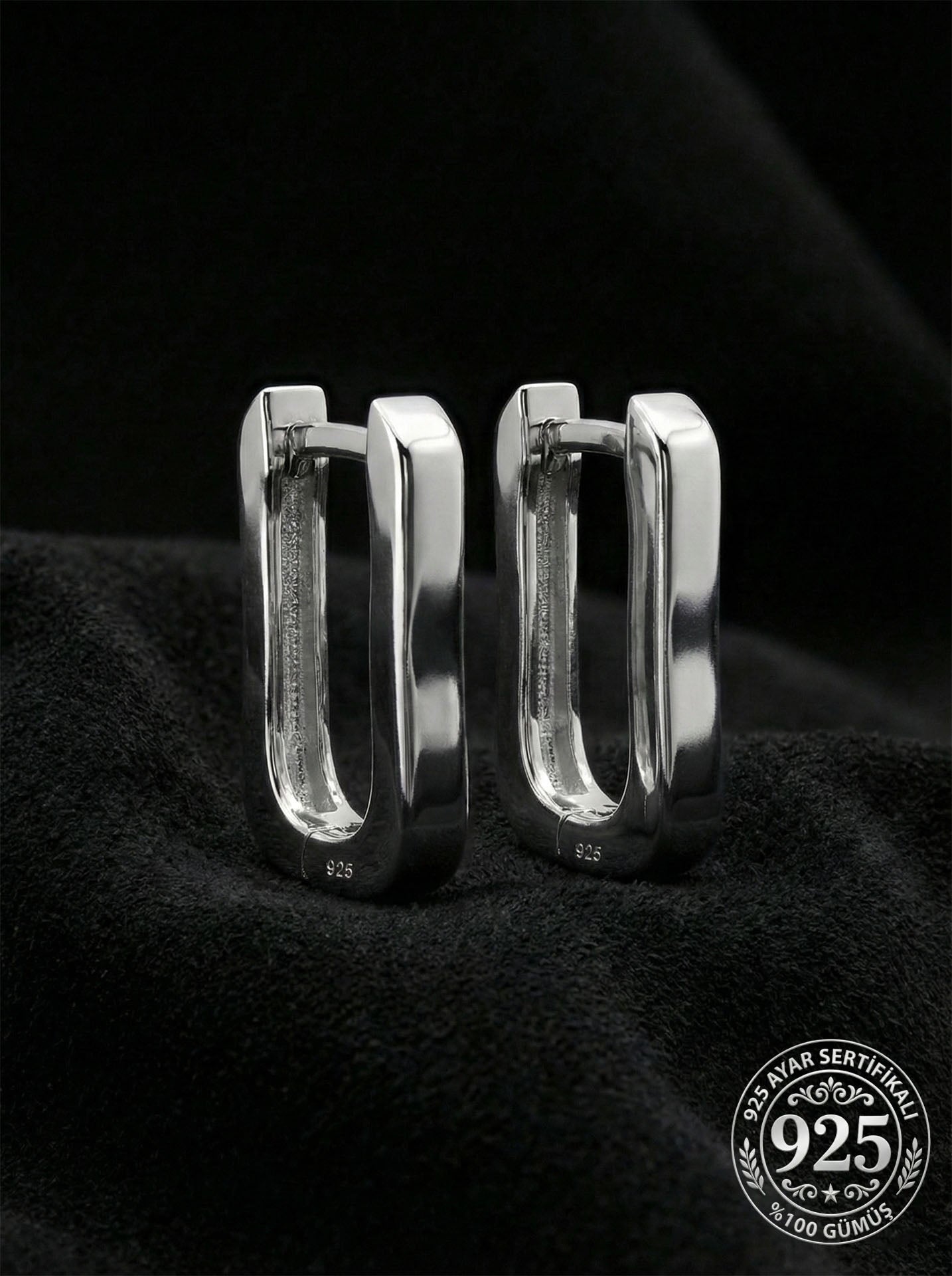 925 Ayar Gümüş Rodyum Kaplama Dikdörtgen Huggie Halka Küpe - Büyük Boy (3mm En)