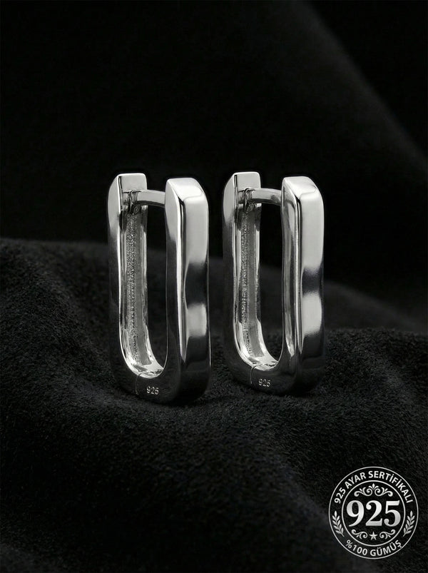 925 Ayar Gümüş Rodyum Kaplama Dikdörtgen Huggie Halka Küpe - Büyük Boy (3mm En)