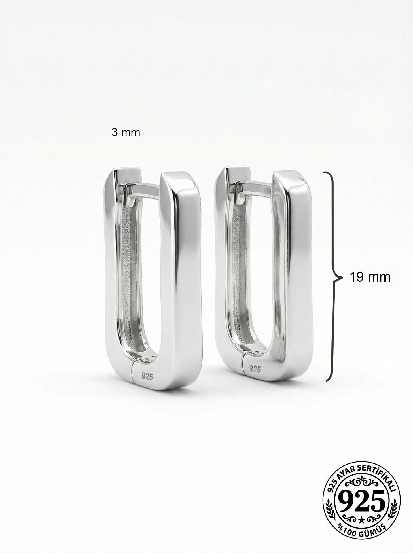 925 Sterling Silver Rhodium Plated Rectangular Huggie Hoop Earrings - Large Size (3mm Width)