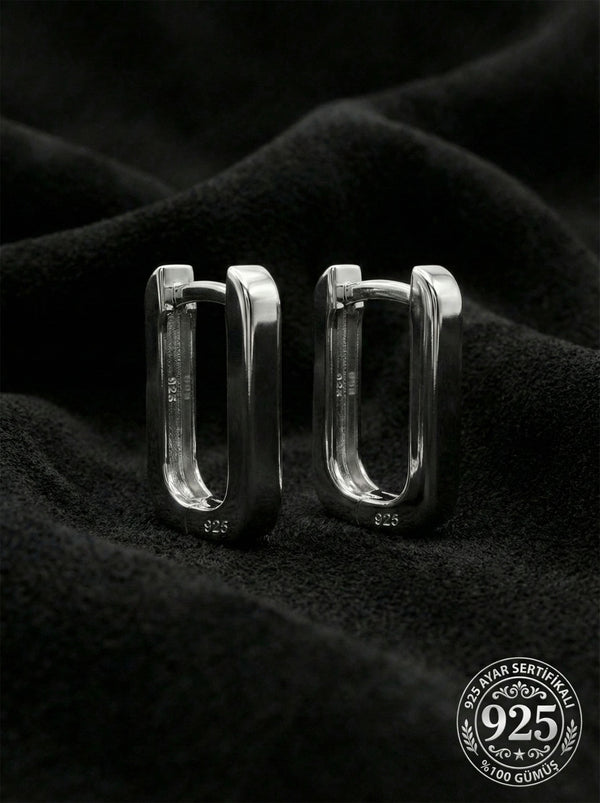 925 Ayar Gümüş Rodyum Kaplama Dikdörtgen Huggie Halka Küpe - Küçük Boy (3mm En)