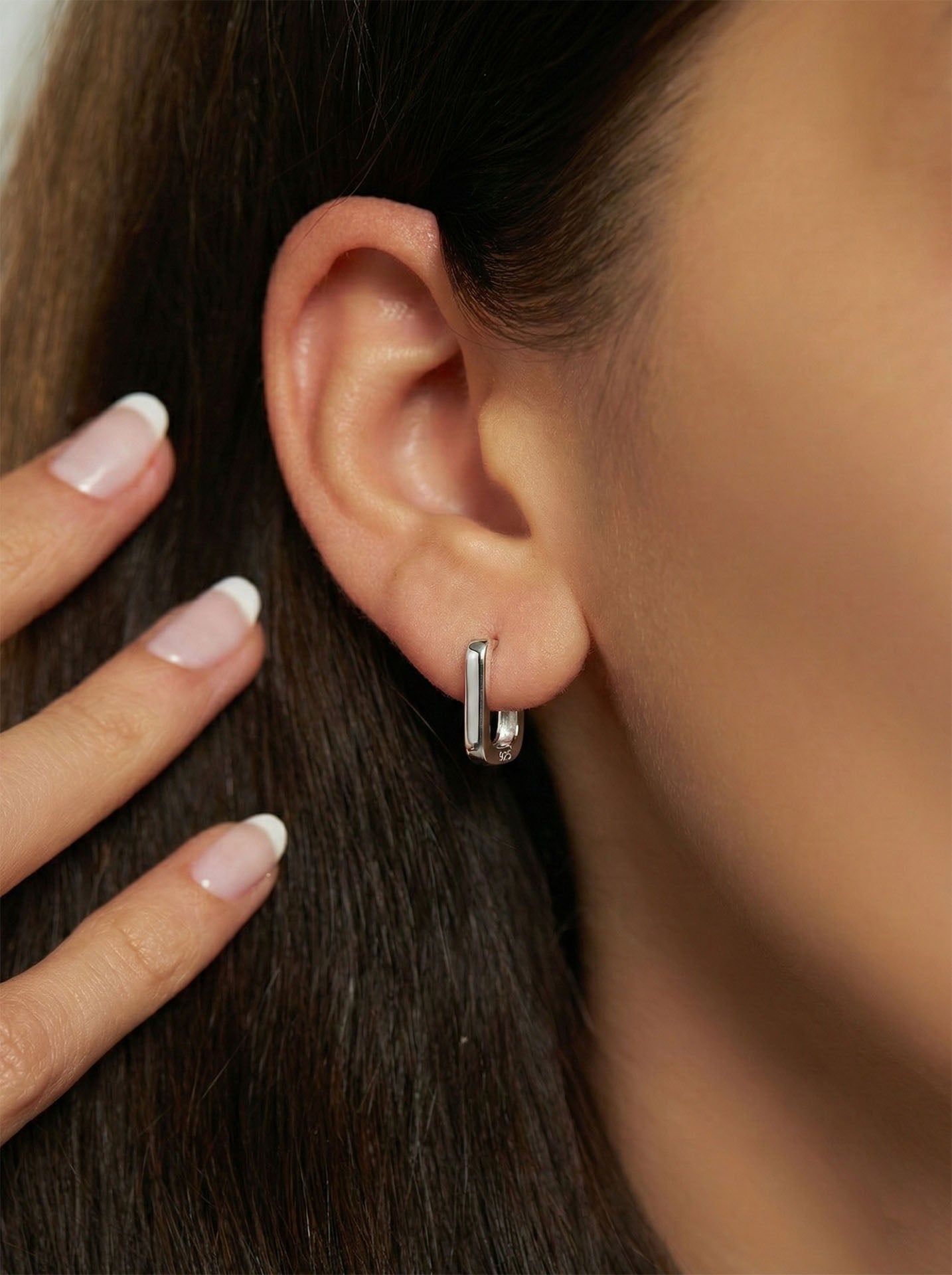 Rectangle Huggie Hoop Earrings Rhodium Plated Silver – Small 3mm Wide