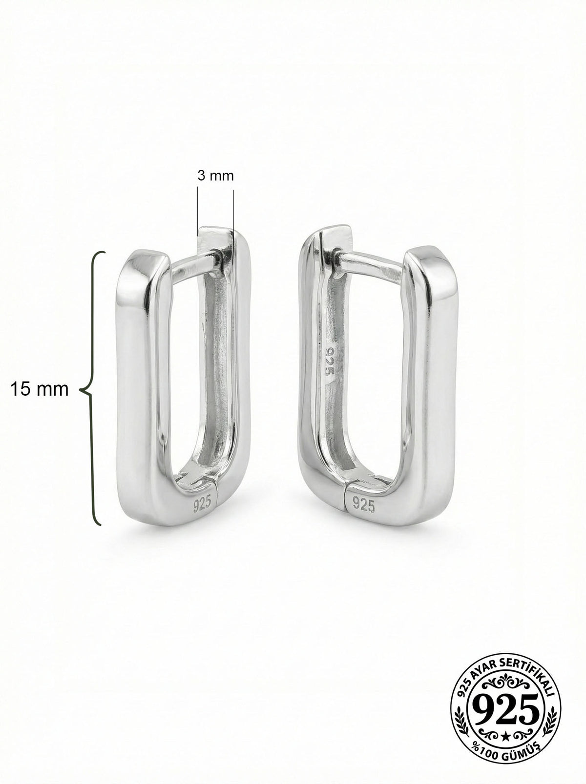 Rhodium Small Rectangular Huggie Hoops (3mm) in 925 sterling silver - view 3