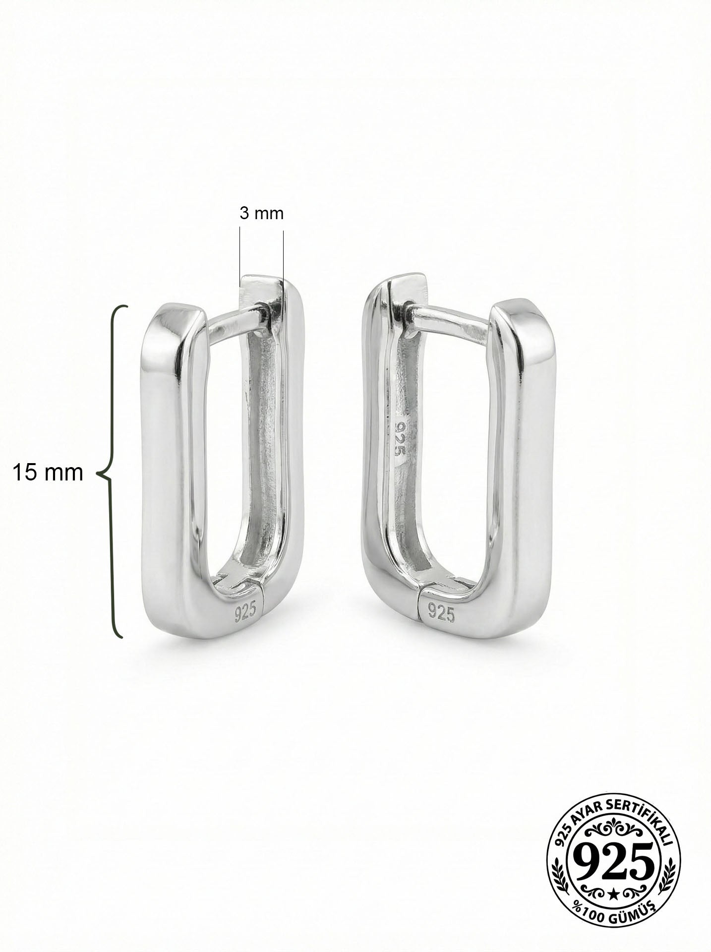 Rectangle Huggie Hoop Earrings Rhodium Plated Silver – Small 3mm Wide