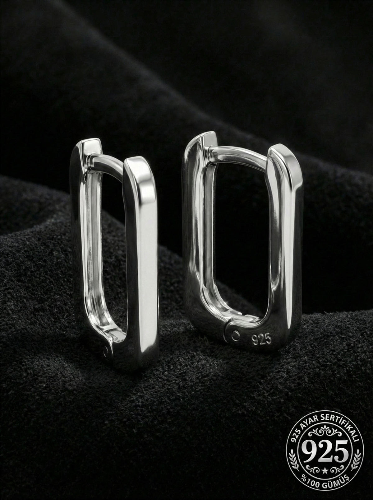 Rhodium Medium Rectangular Huggie Hoops (2mm) in 925 sterling silver