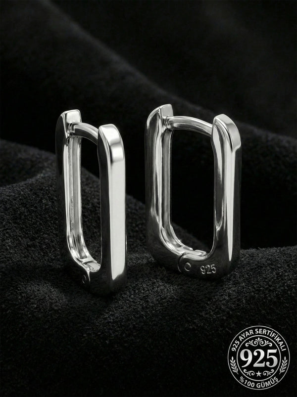 925 Ayar Gümüş Rodyum Kaplama Dikdörtgen Huggie Halka Küpe - Orta Boy (2mm En)