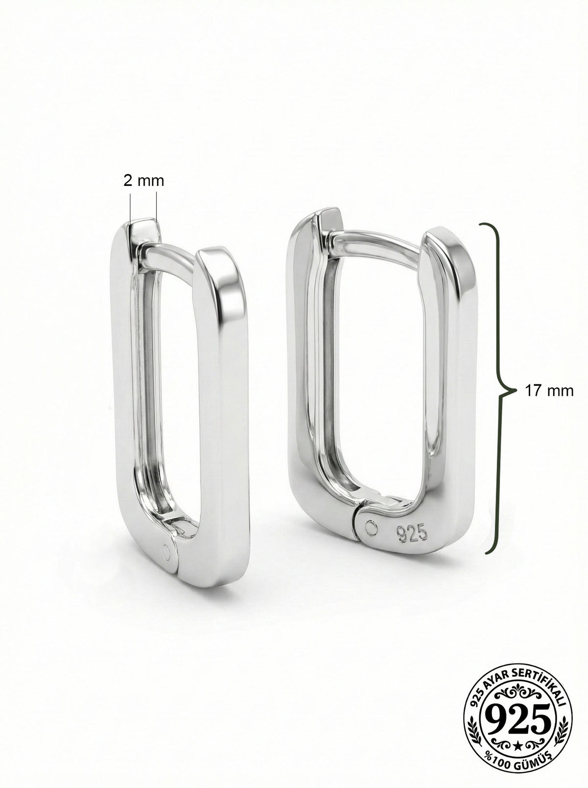 Rhodium Medium Rectangular Huggie Hoops (2mm) in 925 sterling silver - view 3