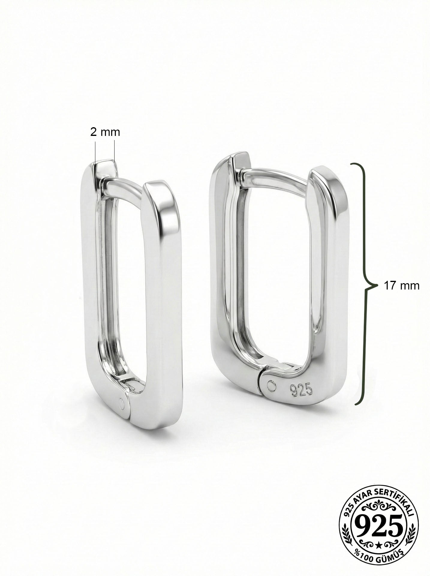925 Sterling Silver Rhodium Plated Rectangular Huggie Hoop Earrings - Medium Size (2mm Width)