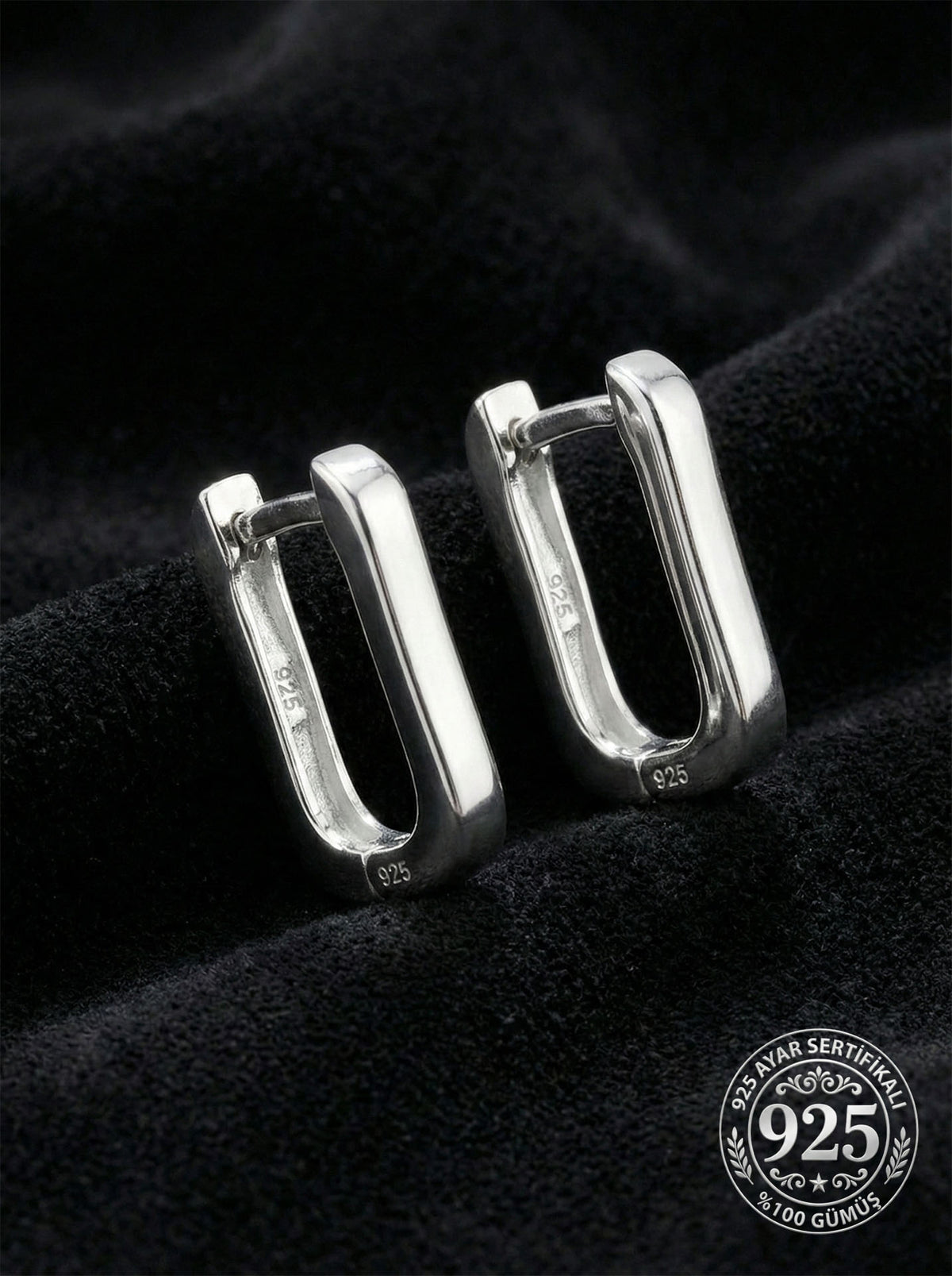 Rhodium Medium Rectangular Huggie Hoops (3mm) in 925 sterling silver