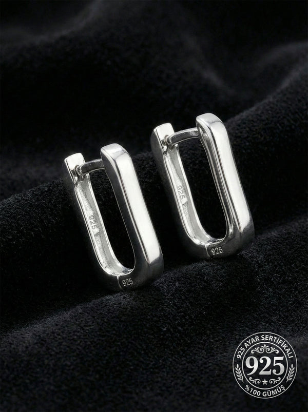 925 Ayar Gümüş Rodyum Kaplama Dikdörtgen Huggie Halka Küpe - Orta Boy (3mm En)