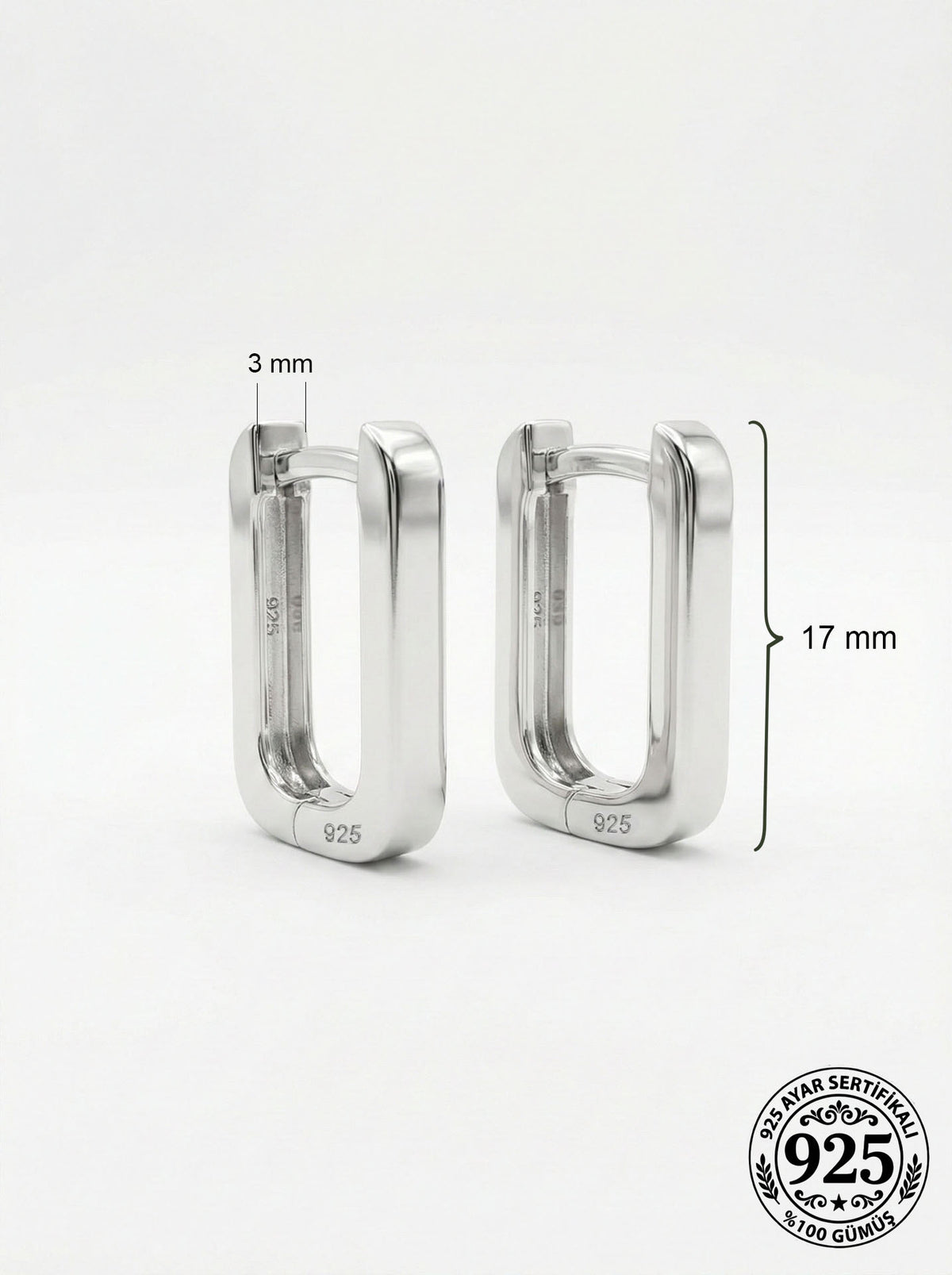 Rhodium Medium Rectangular Huggie Hoops (3mm) in 925 sterling silver - view 3