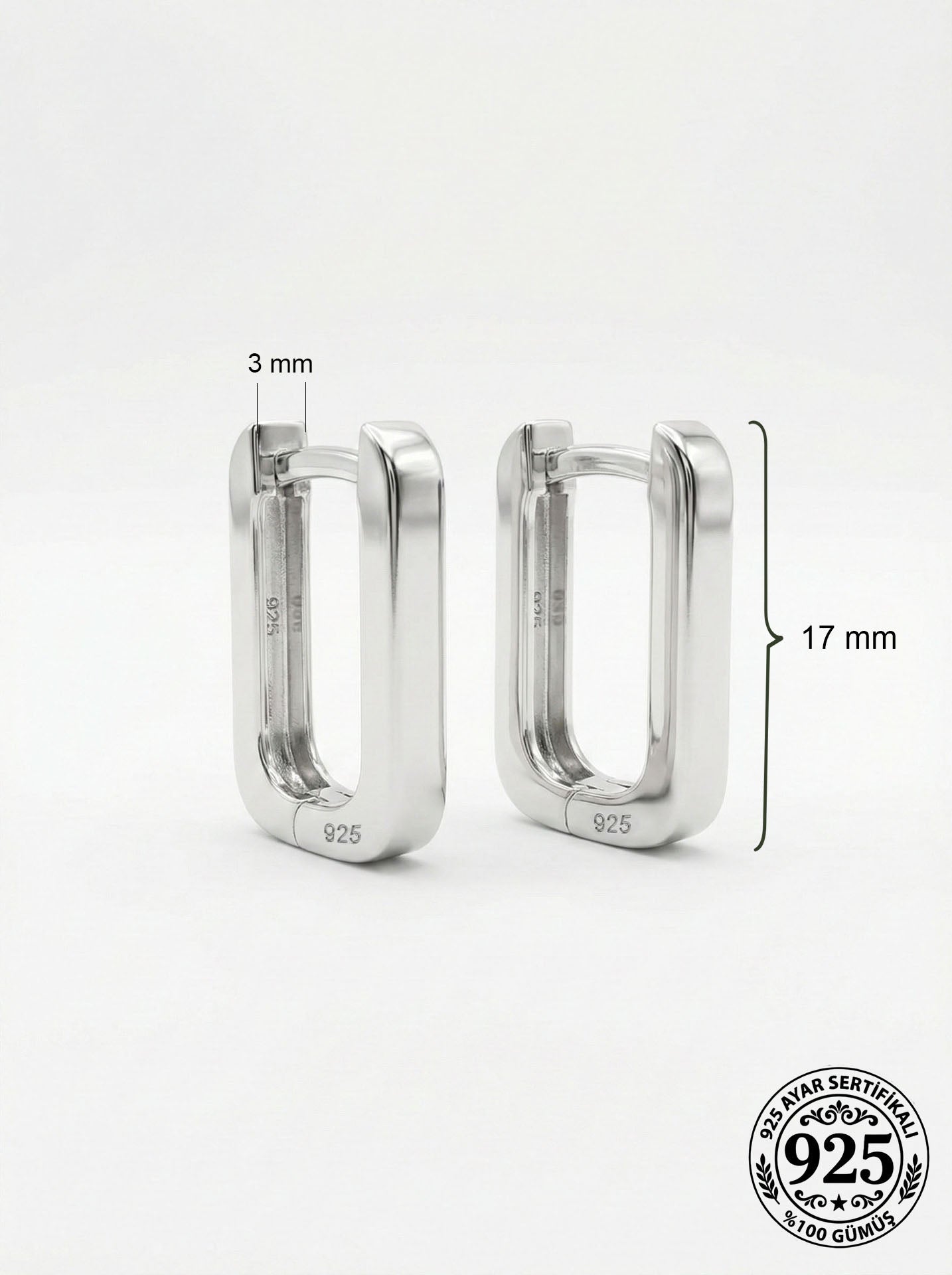 Rectangle Huggie Hoop Earrings Rhodium Plated Silver – Medium 3mm Wide