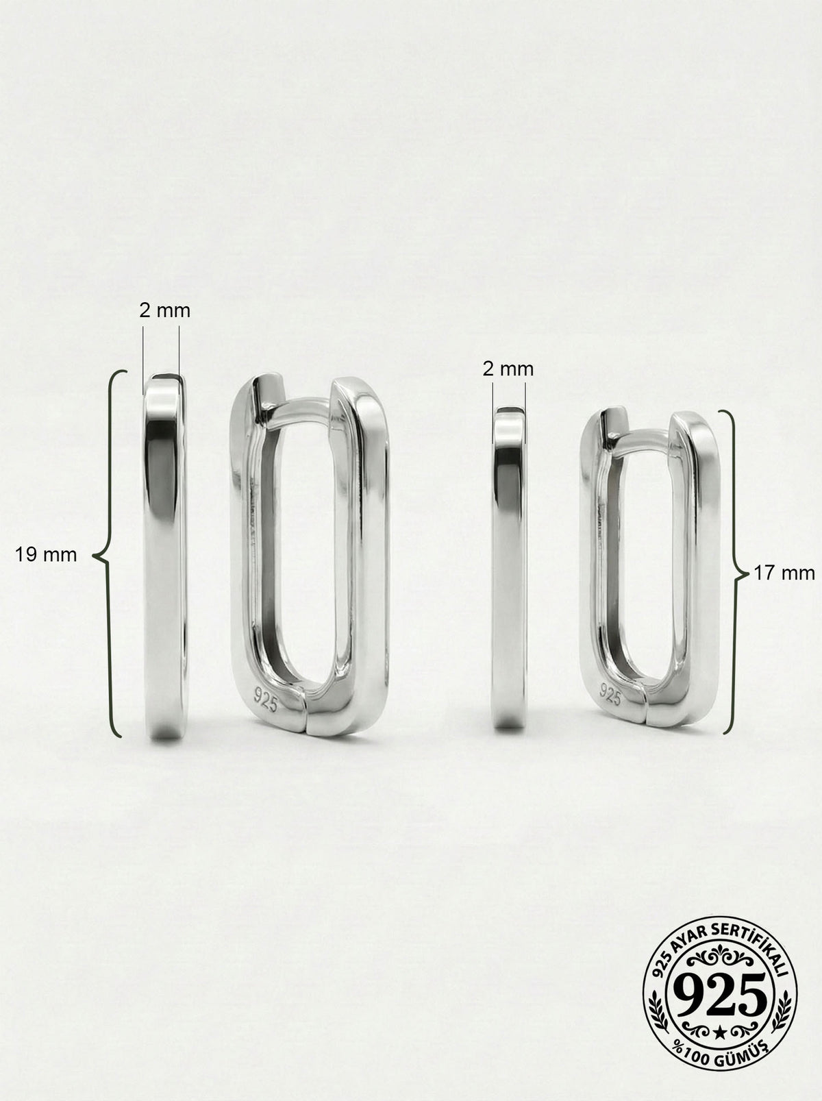 Rectangular Huggie Hoops Set of 2 Pairs (2mm) in 925 sterling silver - view 3