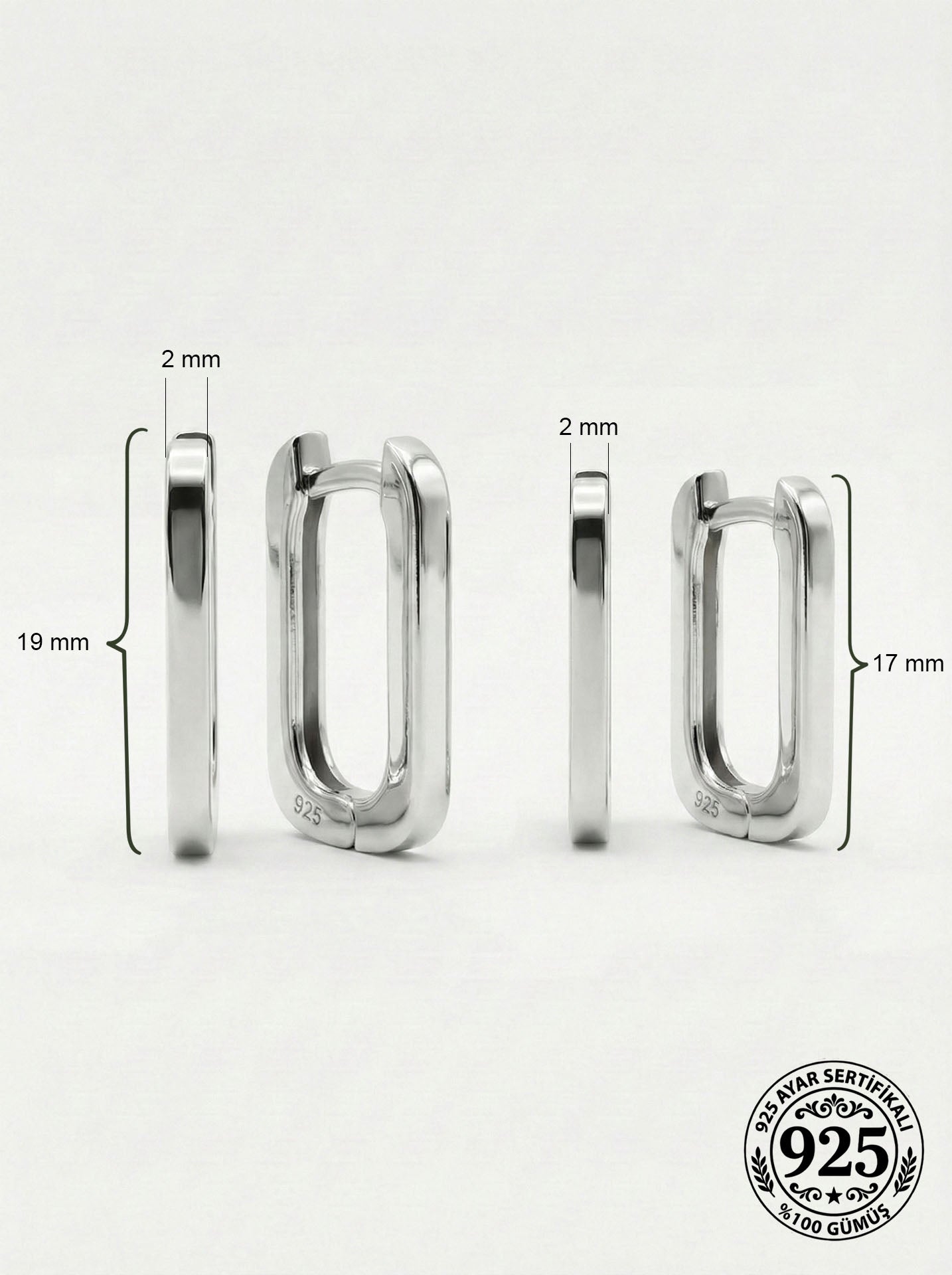 925 Sterling Silver Rhodium Plated Rectangular Huggie Hoop Earring Set of 2 Pairs - (Large-Medium 2mm Width)