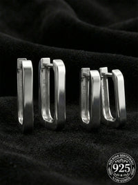 925 Sterling Silver Rhodium Plated Rectangular Huggie Hoop Earring Set 2 Pairs - (Medium-Small 3mm Width)