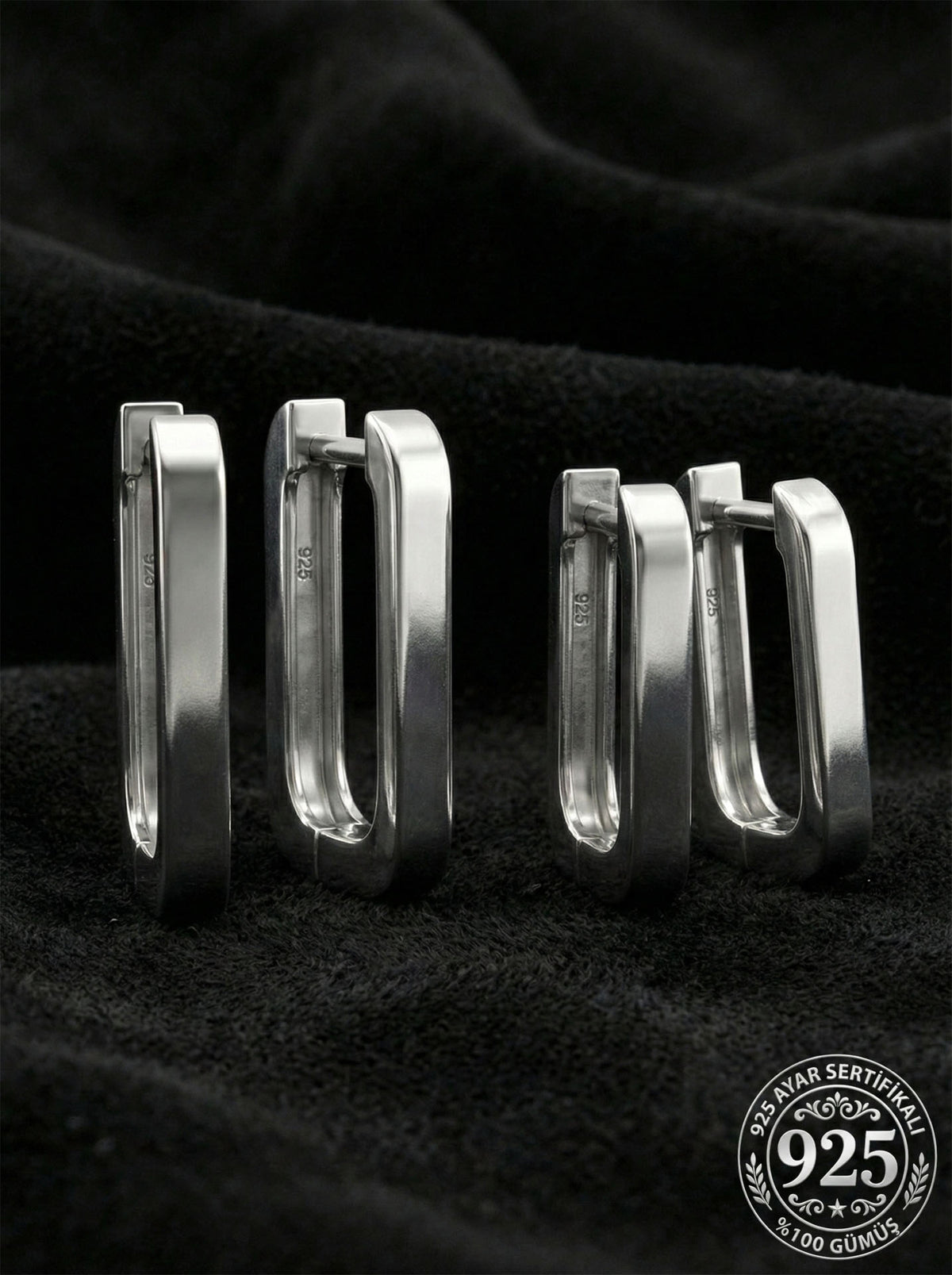 Rectangular Huggie Hoops Set of 2 Pairs (3mm) in 925 sterling silver