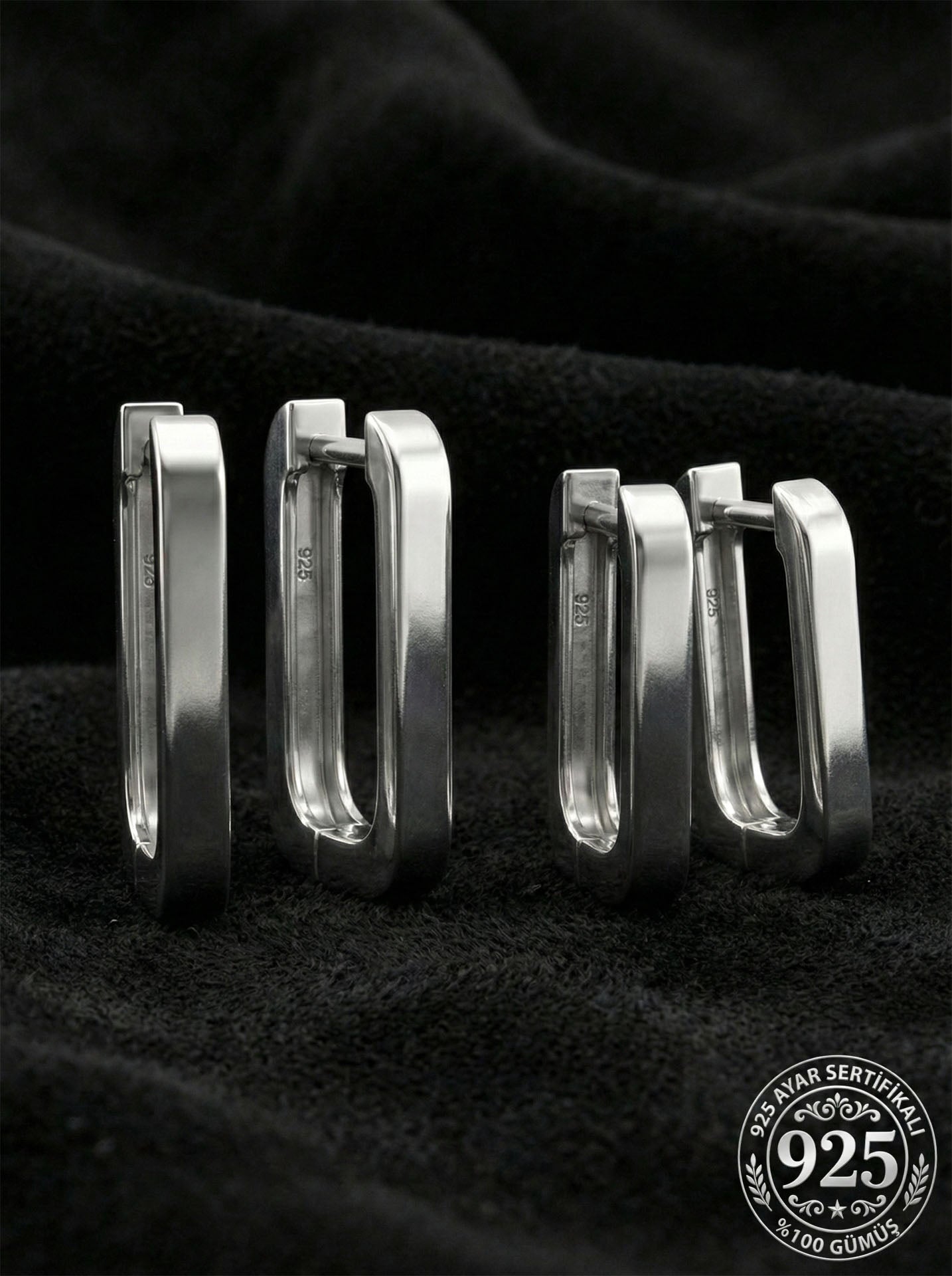925 Sterling Silver Rhodium Plated Rectangular Huggie Hoop Earring Set 2 Pairs - (Medium-Small 3mm Width)